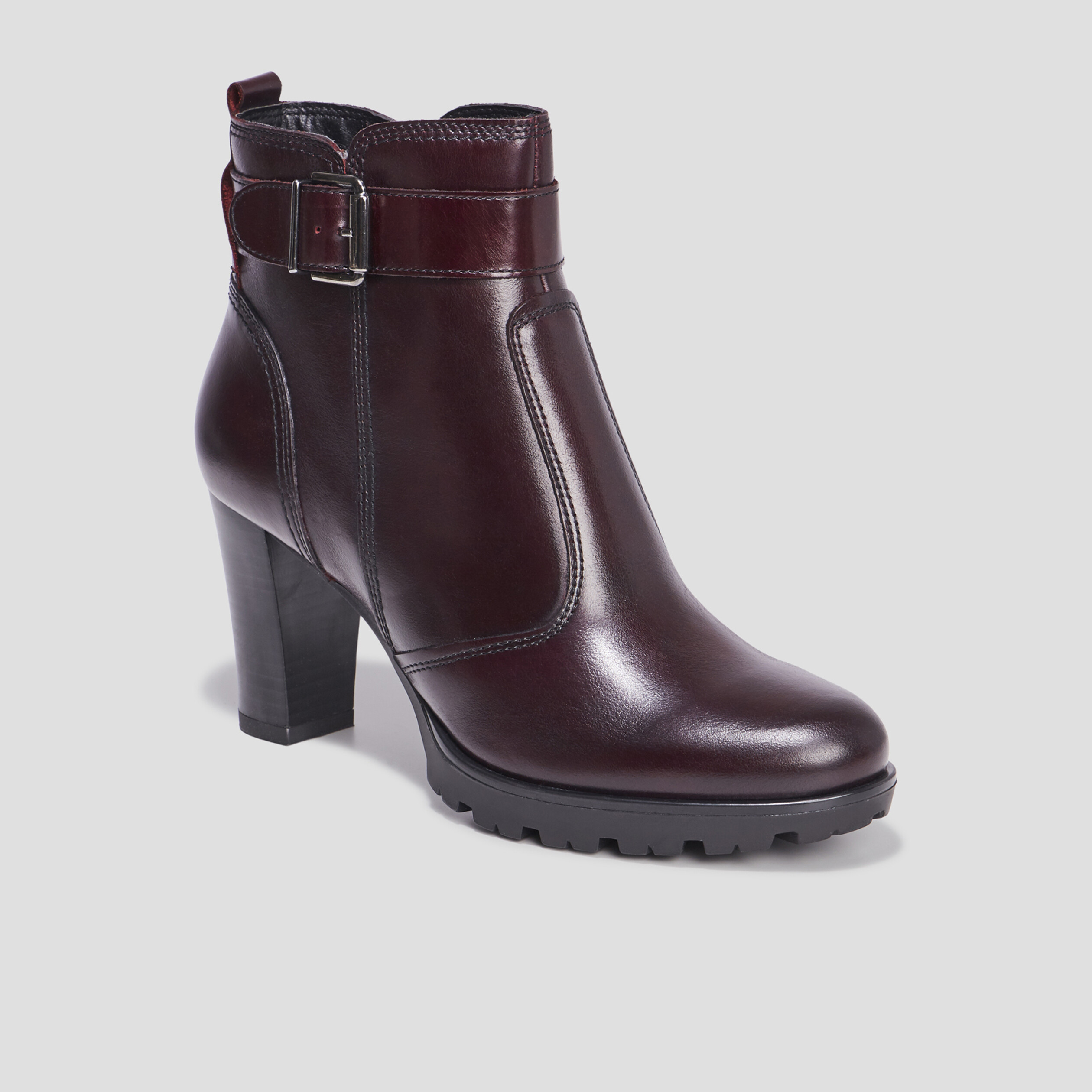 Bottines à talons avec boucles en cuir bordeaux femme | La Halle