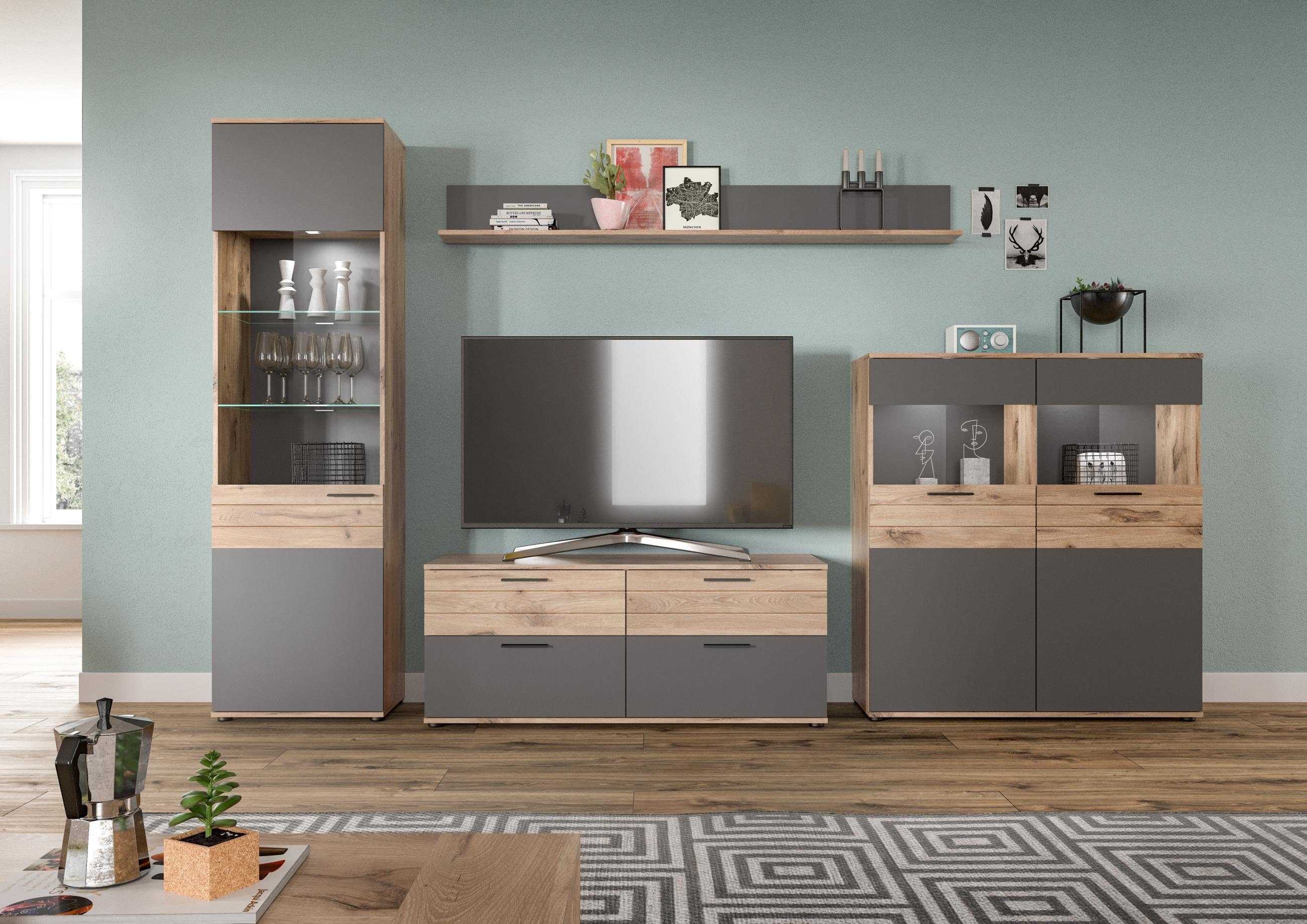 xonox.home Wohnwand Wohnwand MASON W01 4-teilig - Eiche und Basalt grau, (Komplett-Set, 4-St., Vitrine, Lowboard, Highboard, Wandboard)