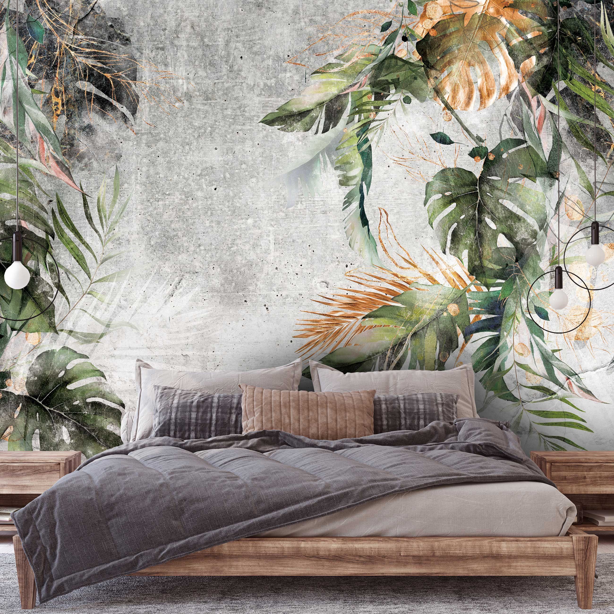 Wallarena Fototapete Blätter Beton Pflanzen Vintage Vlies Tapete Wohnzimmer Schlafzimmer, Glatt, botanisch, Vliestapete inklusive Kleister