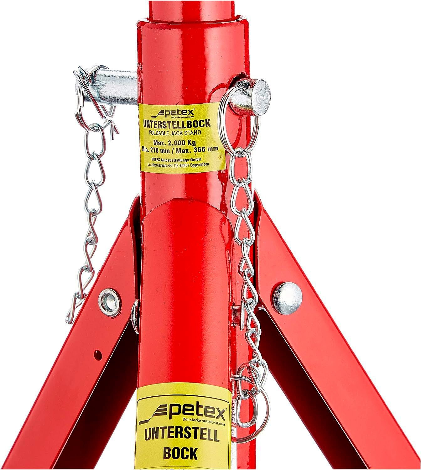 Petex Unterstellbock mit Sicherungssplint, höhenverstellbar und faltbar, 2er Set, Tragkraft: 2 Tonnen, rot