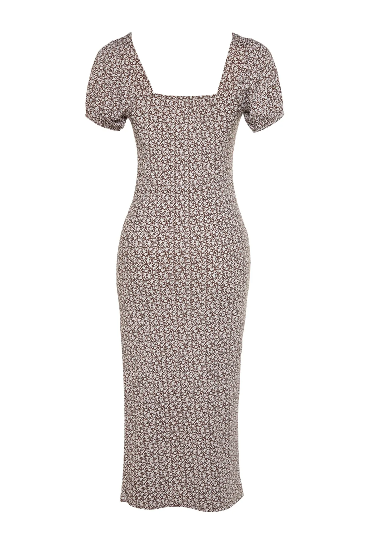 Trendyol Collection  Braunes, bedrucktes Midi-Strickkleid mit Schlitz und detailliertem, eckigem Ausschnitt TWOSS23EL00713