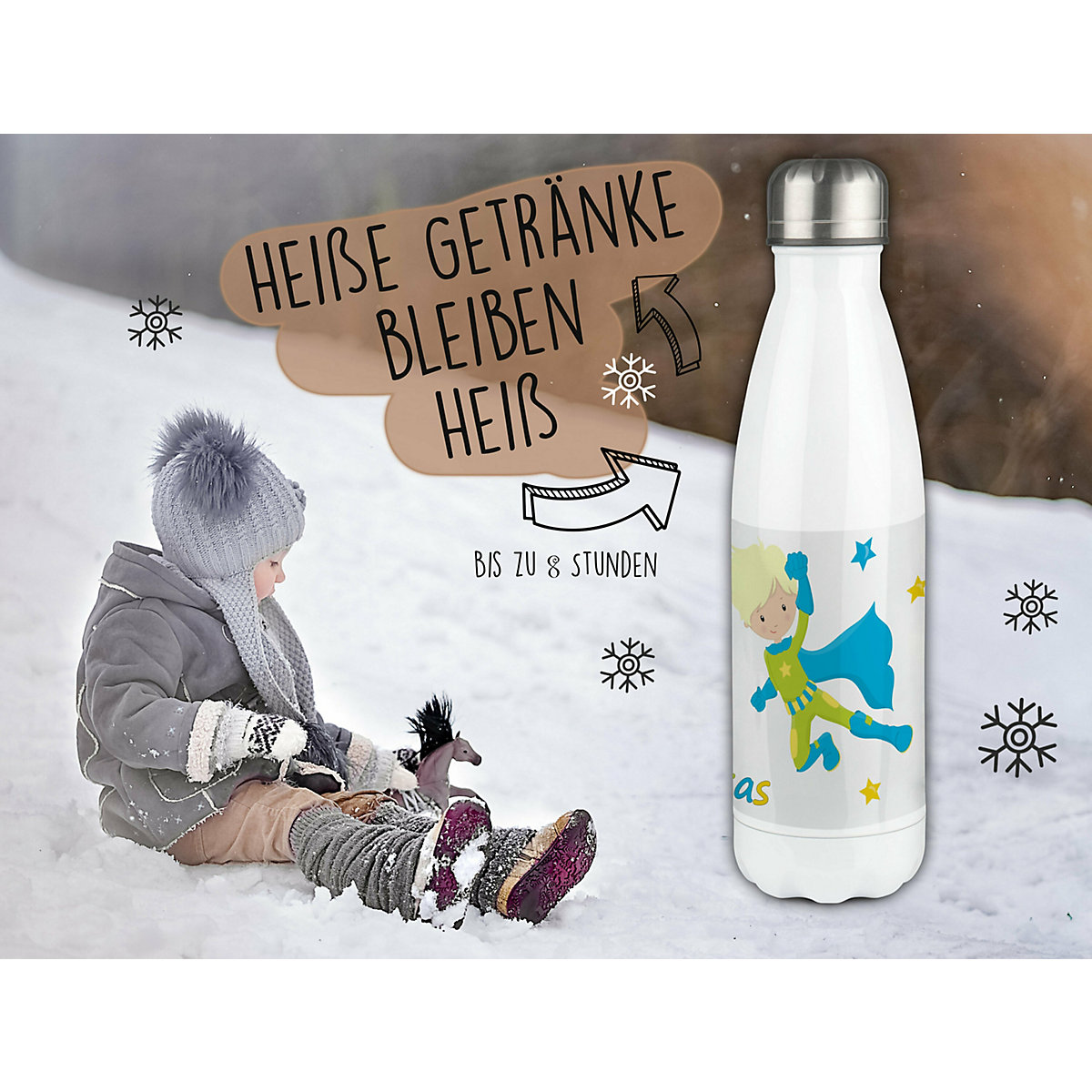 Edelstahl Kinder Thermoflasche / Trinkflasche bunt Superheld Spülmaschinenfest, Auslaufsicher, Bruchfest, Doppelwandig, Für Heißgetränke geeignet, Mit Deckel, Isoliert