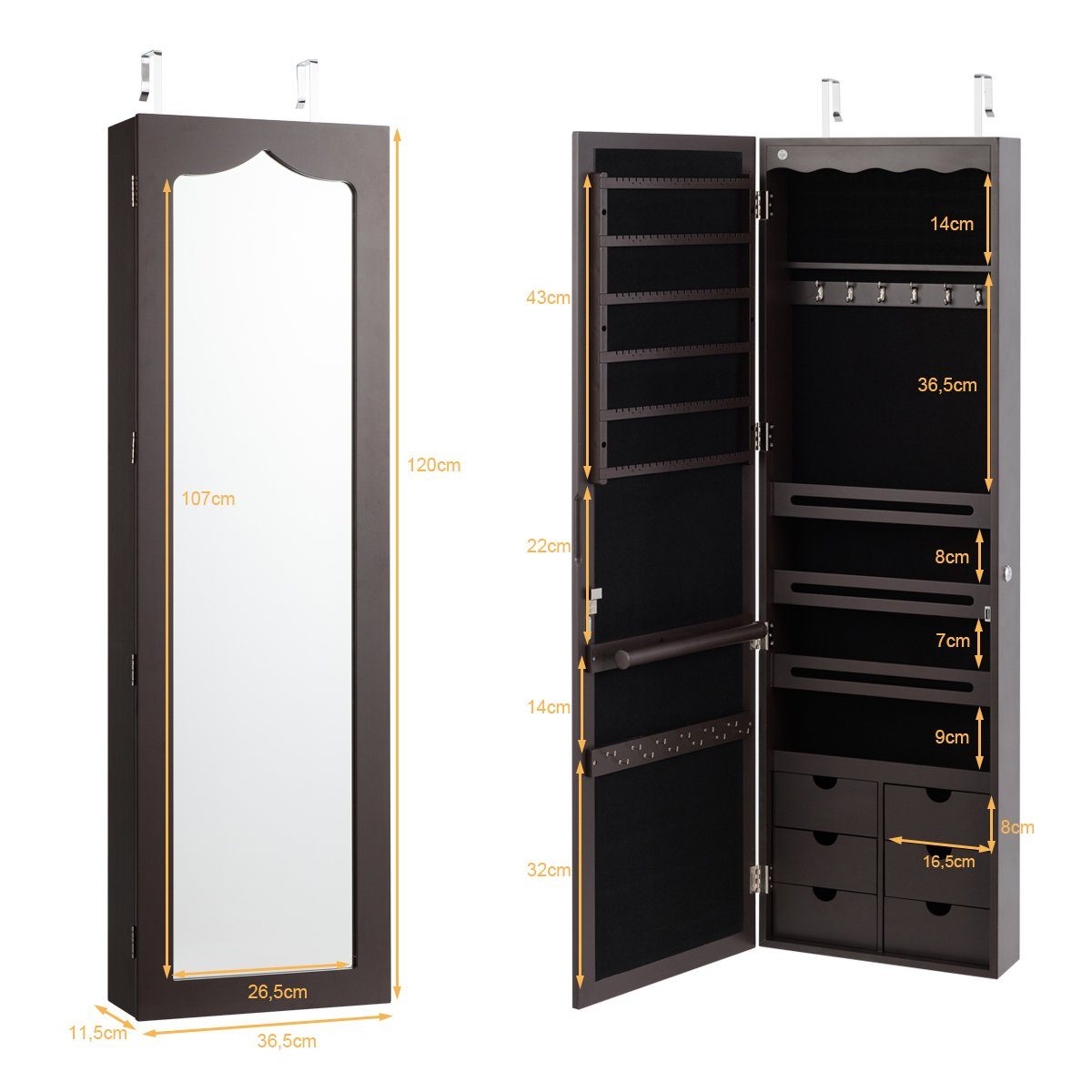 COSTWAY Schmuckschrank mit LED & Ganzkörperspiegel, für Tür und Wand