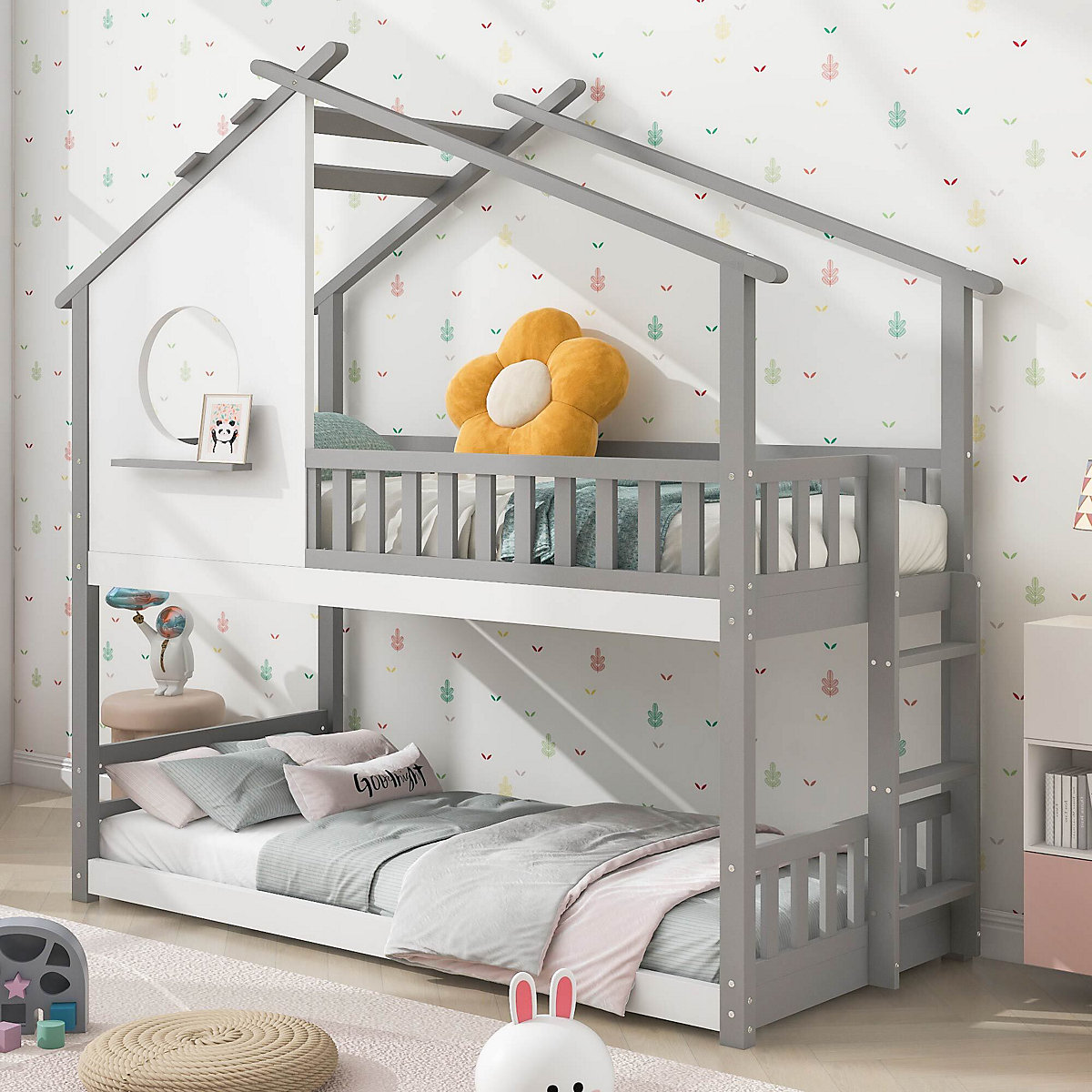 Etagenbett mit rechtwinkliger Leiter, mit Fallschutz und Barriere, Kiefernholz