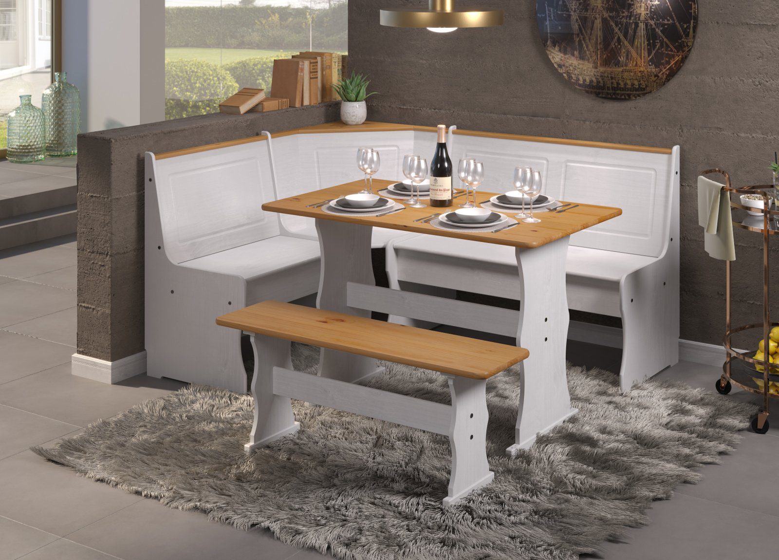 INTER-FURN Eckbankgruppe Paterno, (Kiefer massiv, weiß und honigfarben gewachst, Komplett-Set 3-teilig), inklusive Esstisch und Bank