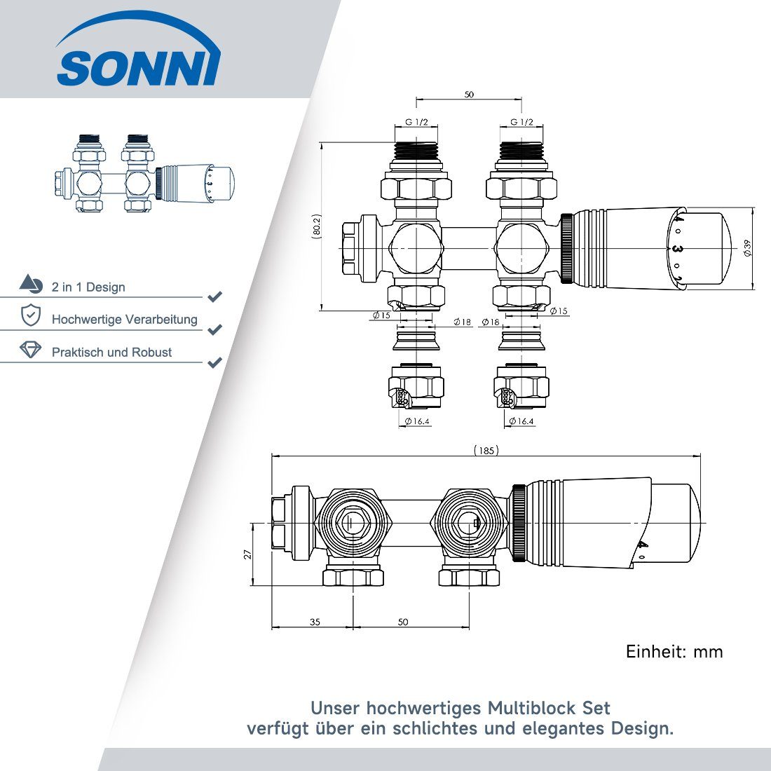 SONNI Heizkörperthermostat Multiblock Set für Heizkörper Thermostat Anschlussarmatur, mit Thermostatkopf ; 50mm G 1/2