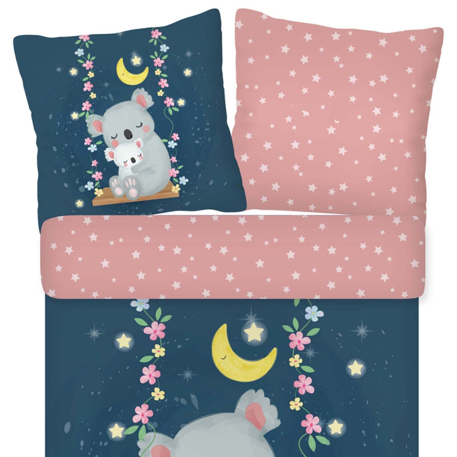 Kinderbettwäsche Schaukel Trendy Bedding, ESPiCO, Renforcé, 2 teilig, Tiermotiv, Mond, Blümchen