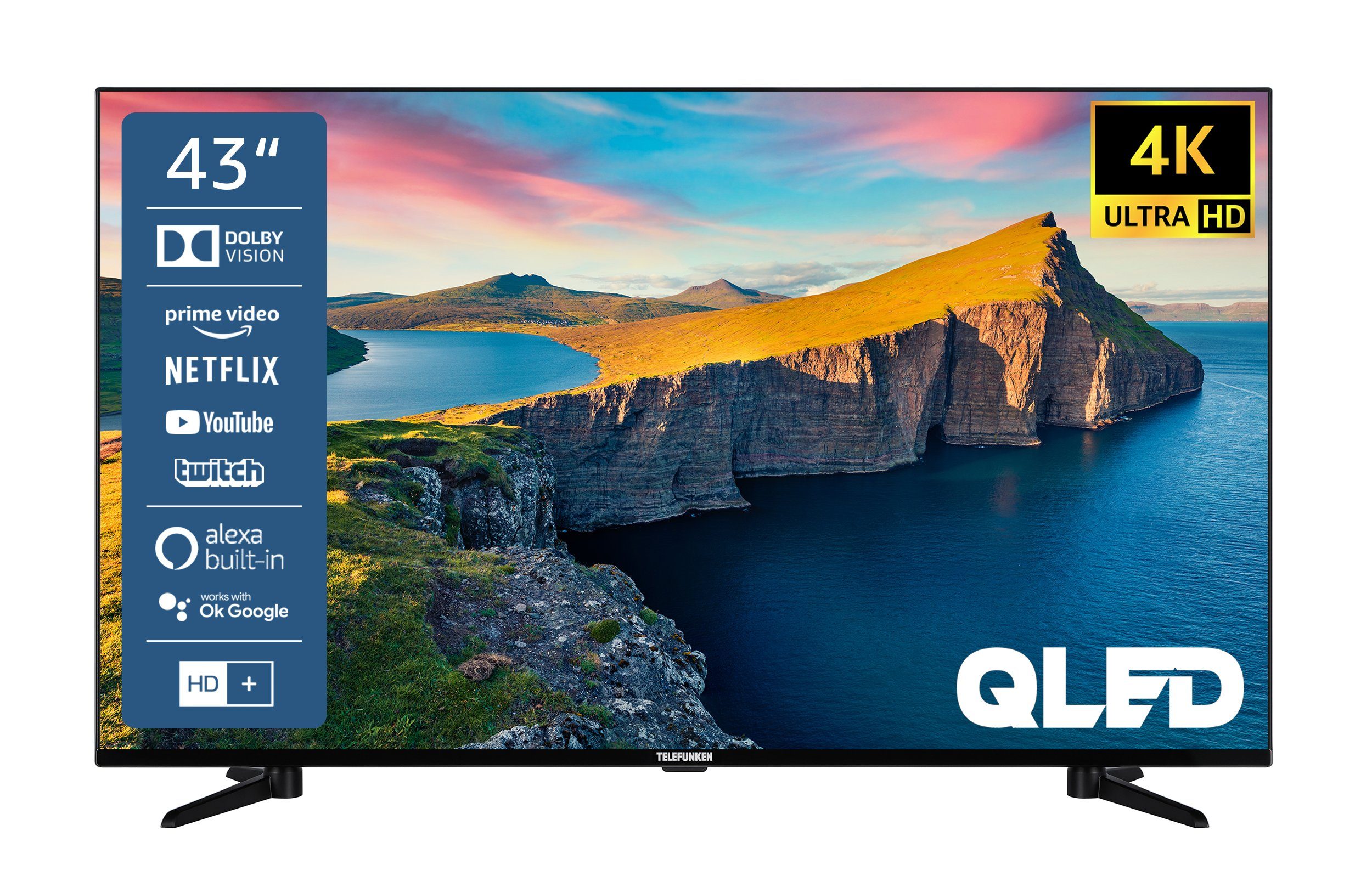 Telefunken QU43K800 QLED-Fernseher (108 cm/43 Zoll, 4K Ultra HD, Smart TV, HDR Dolby Vision, WCG, Triple-Tuner, Bluetooth, HD+ 6 Monate inkl)