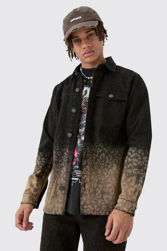 Schwarz getöntes Denim-Overshirt mit Leopardenprint