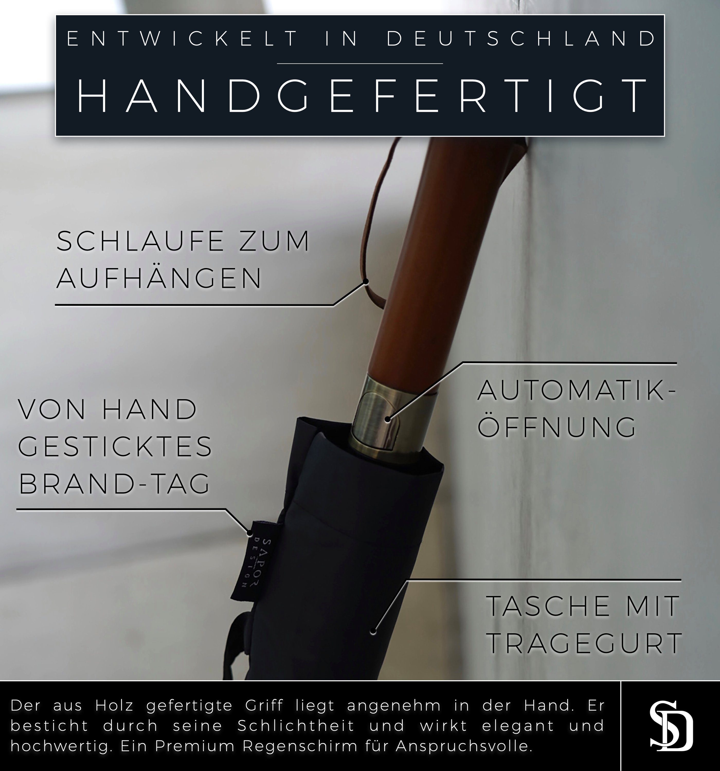Sapor Design Stockregenschirm Sapor Design Stockschirm MODERN, Mit extra großem Dach, Manufaktur-Stockschirm, Holzgriff