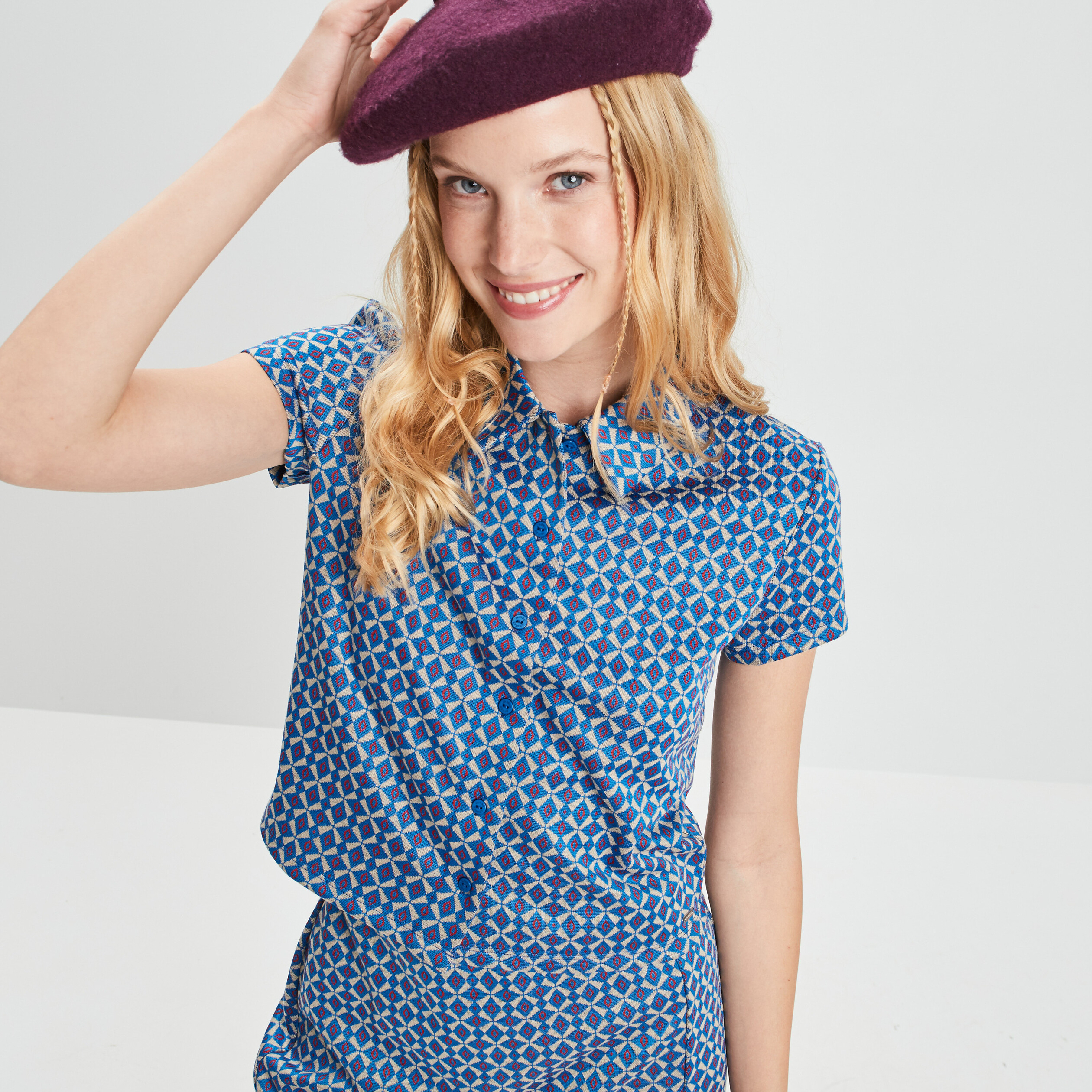 T-shirt cropped jacquard manches courtes bleu femme | La Halle