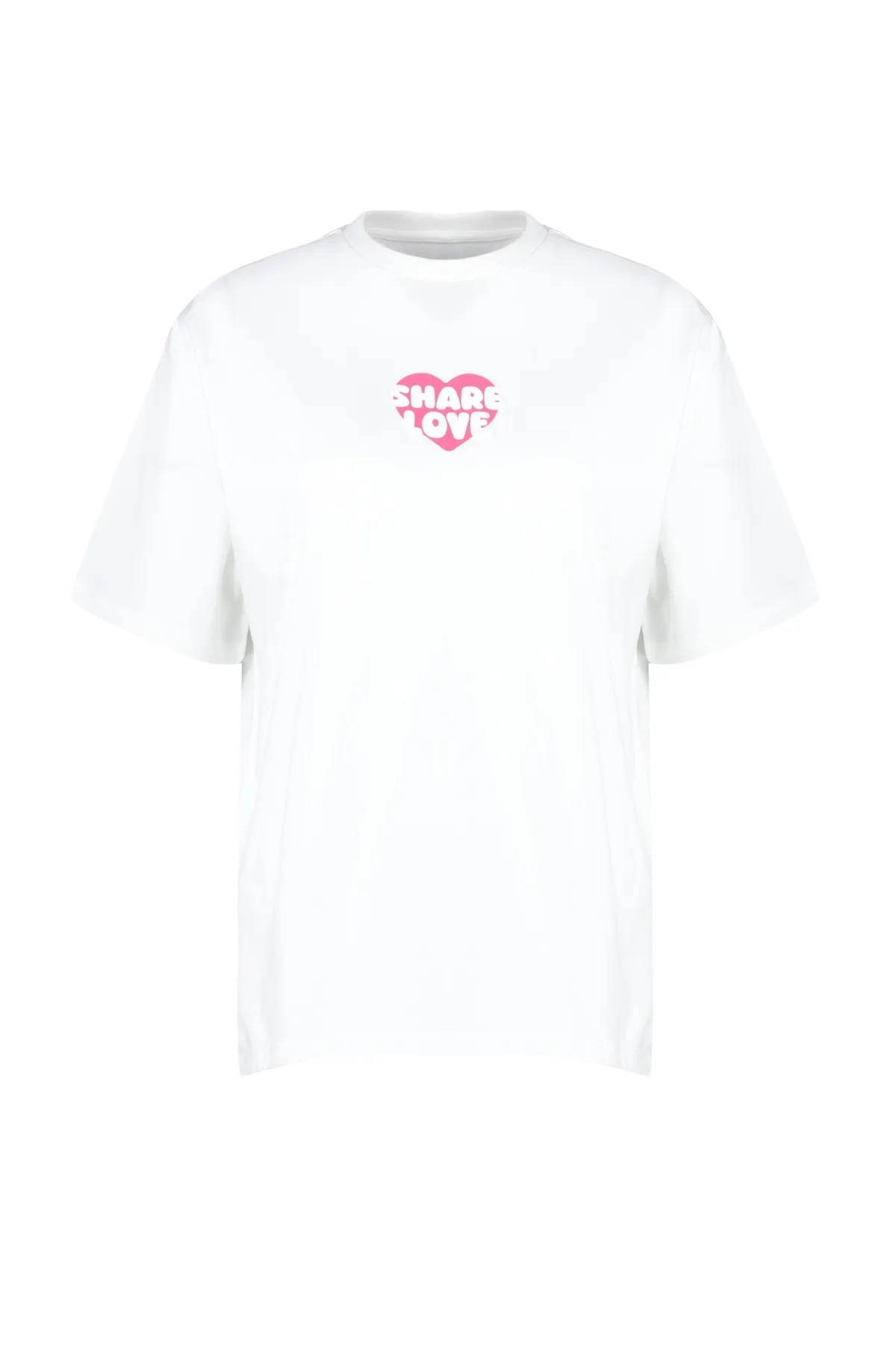 Trendyol Collection  Ecrufarbenes, übergroßes/bequem geschnittenes Strick-T-Shirt aus 100 % Baumwolle auf der Rückseite und der Vorderseite mit Herzmuster TWOSS24TS00236