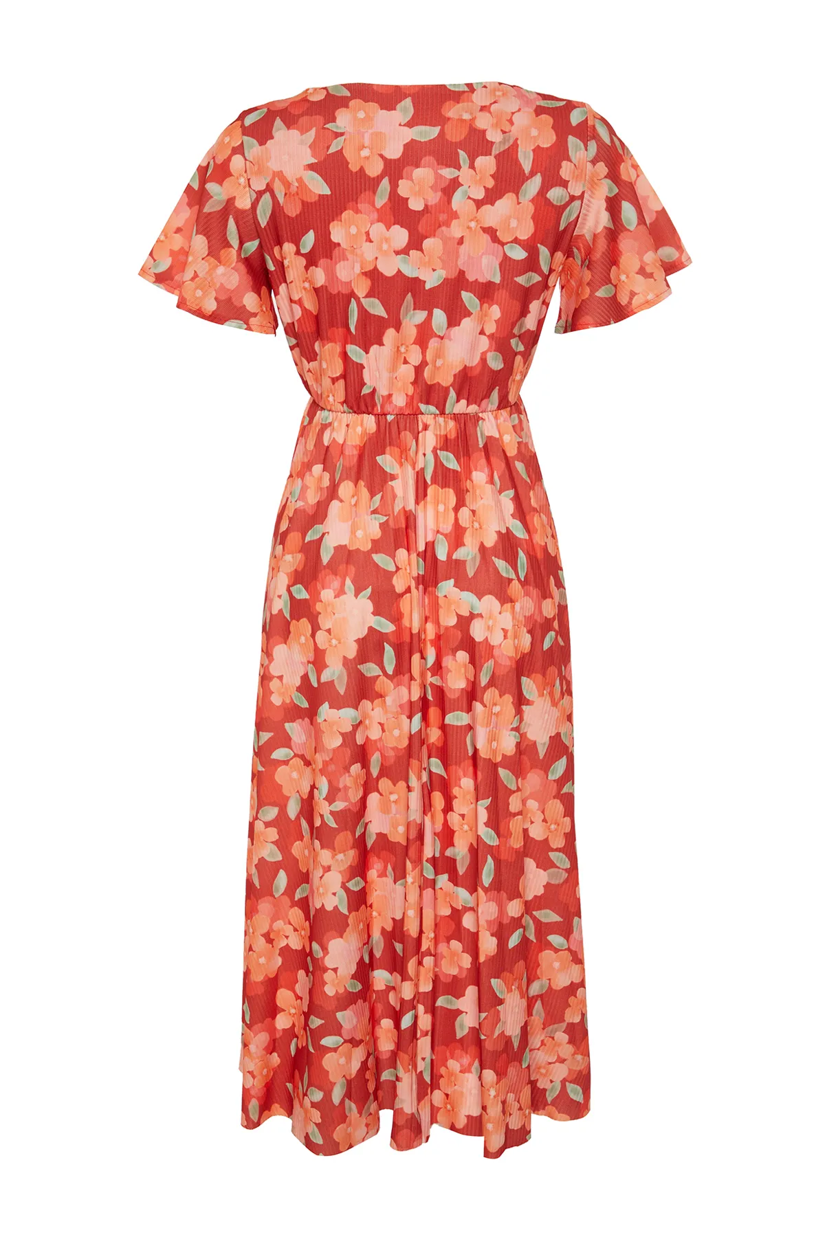 Trendyol Collection  Burgunderrotes Skater-/Gürtelöffnungs-Midikleid aus geripptem, dehnbarem Strick mit zweireihigen Taschentuchärmeln TWOSS24EL00482