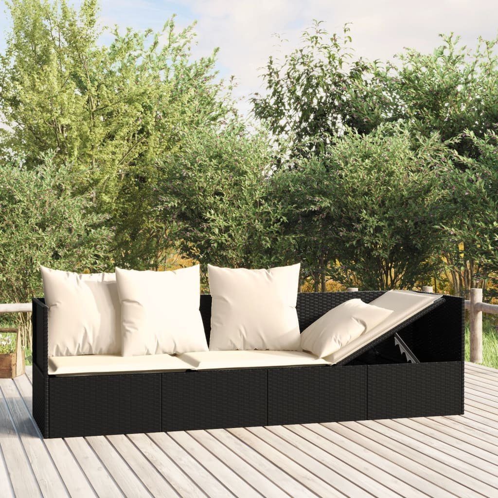 vidaXL Gartenliege Outdoor-Loungebett mit Kissen Schwarz Poly Rattan, 1 St.