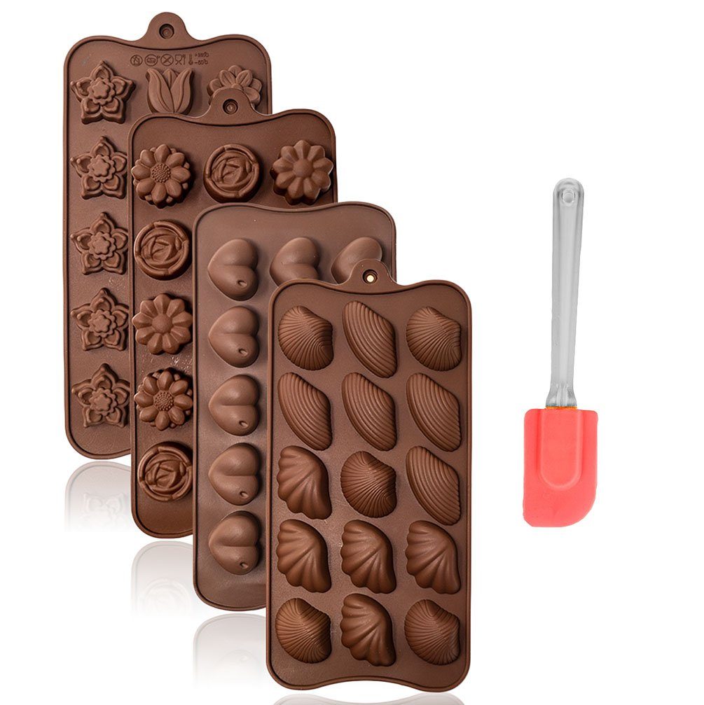 mixed24 Pralinenform 5er Silikon Backformen, (Set 5-tlg), Pralinenformen inkl. 1x Teigschaber Eiswürfelformen Gummibärchen Schokoladenformen Silikonformen