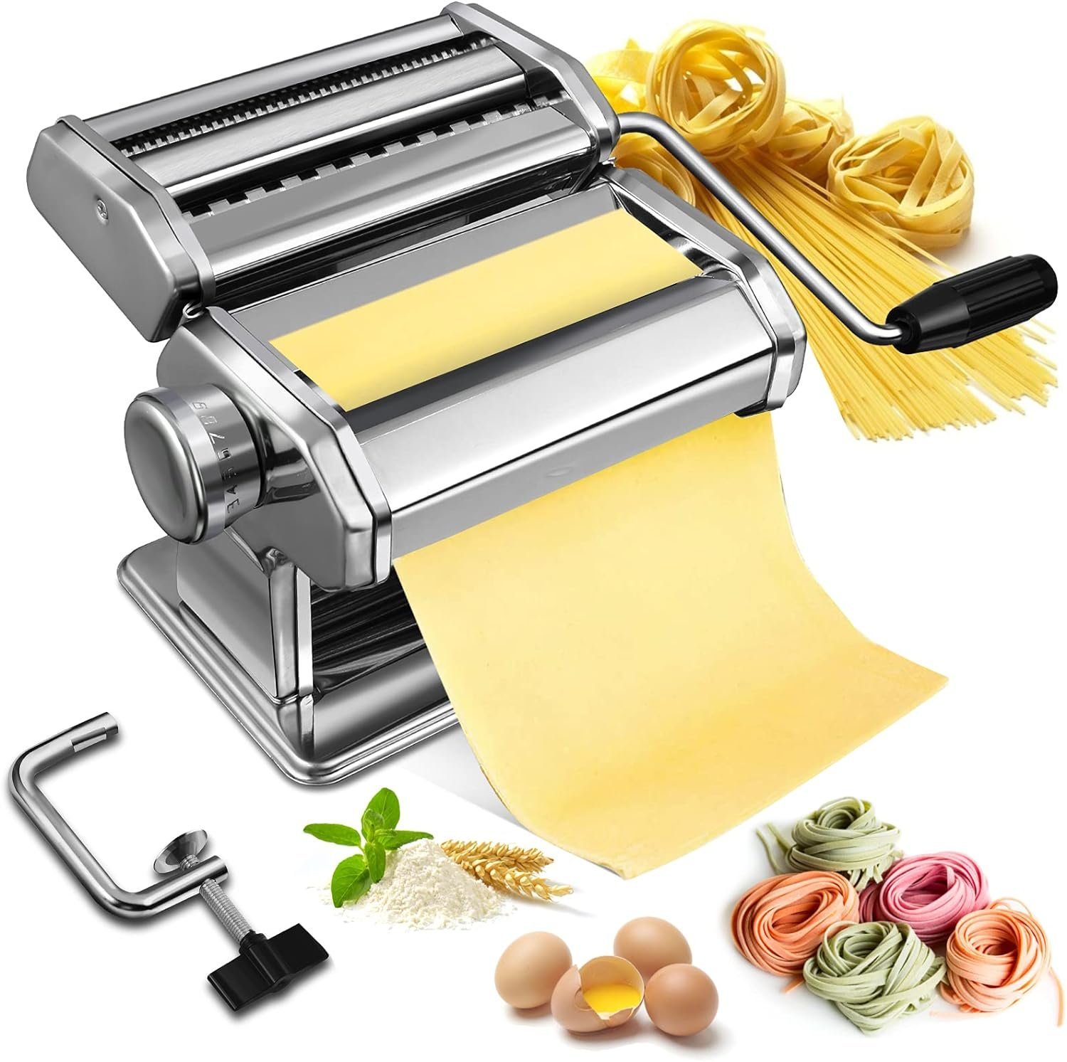 Mutoy Nudelmaschine Nudelmaschine,Pasta Maker-Schneidemaschine,6 verstellbare Dicke, Für perfekte Spaghetti oder Fettuccini, aus Legierter Stahl, Manuell