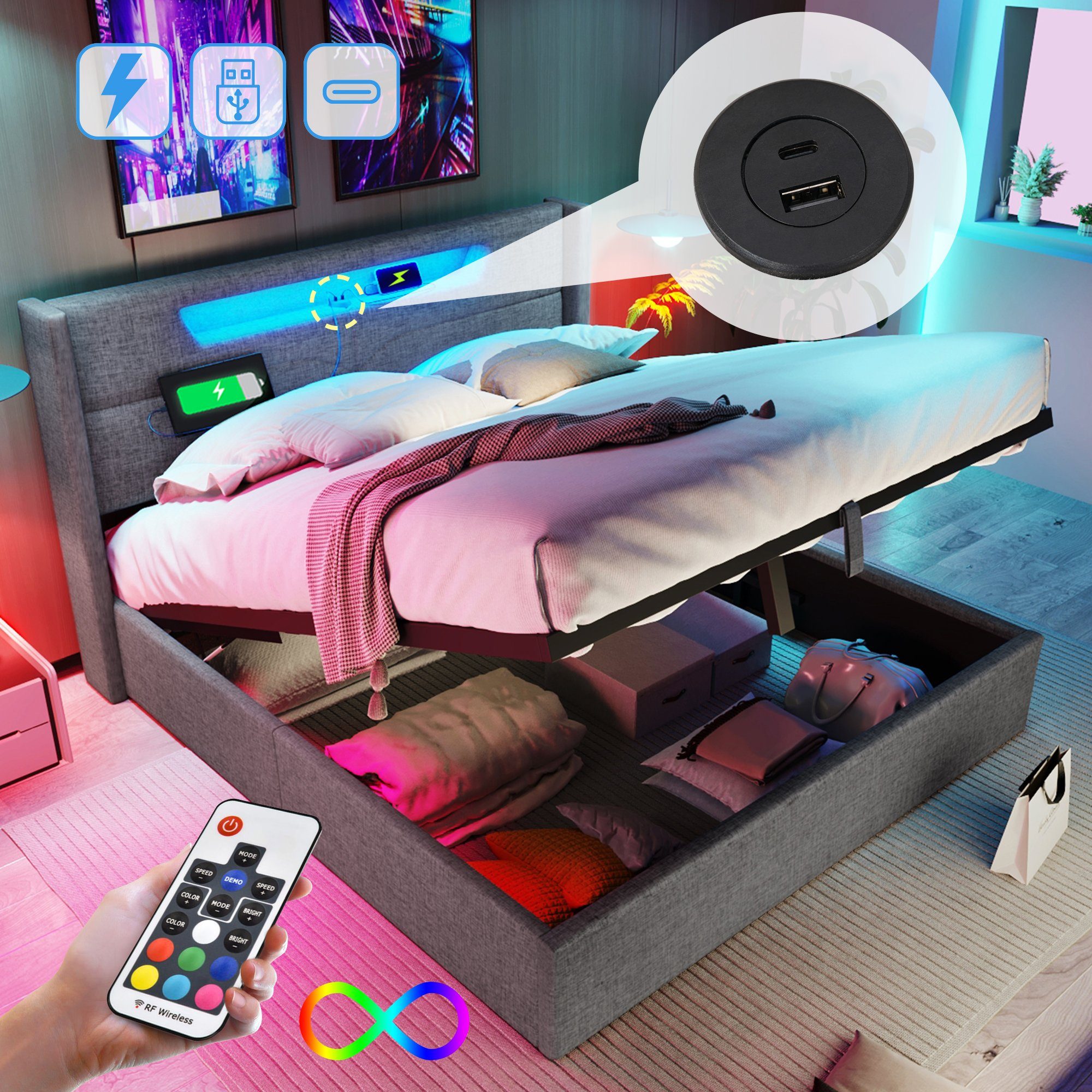 OKWISH Polsterbett LED Doppelbett mit USB Typ C Ladefunktion, 140 x 200 cm, ohne-Matratze