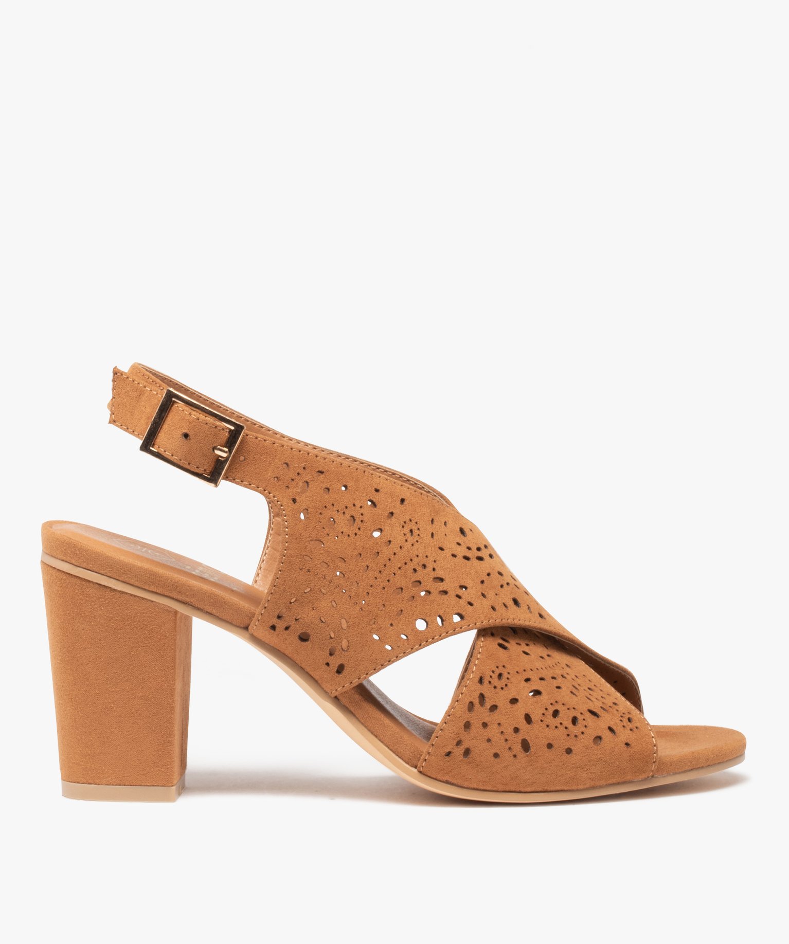 Sandales femme unies à talon carré et brides perforées camel | GEMO