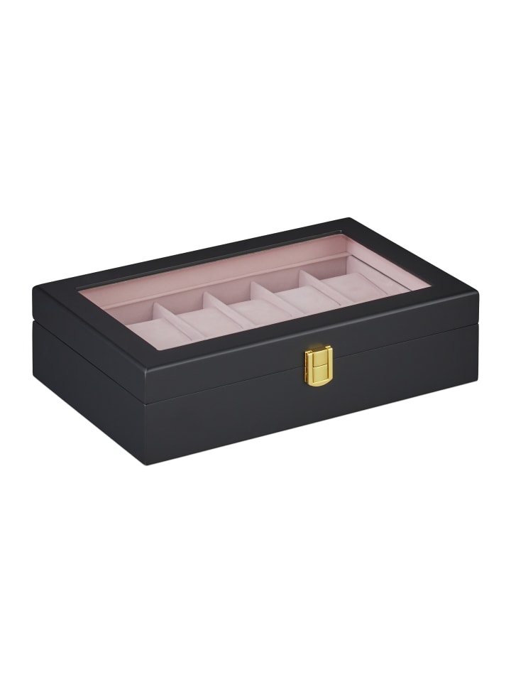 relaxdays Uhrenbox in Schwarz/ Rosa - (B)31,5 x (H)8,5 x (T)21 cm günstig kaufen onesize