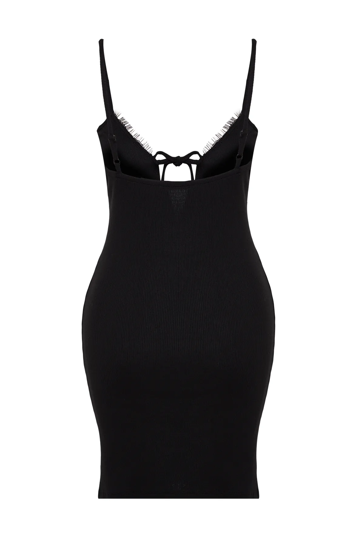 Trendyol Collection  Schwarzes Nachthemd aus geripptem Strick mit Baumwollspitze und Bindedetail mit Riemen THMSS23GC00014