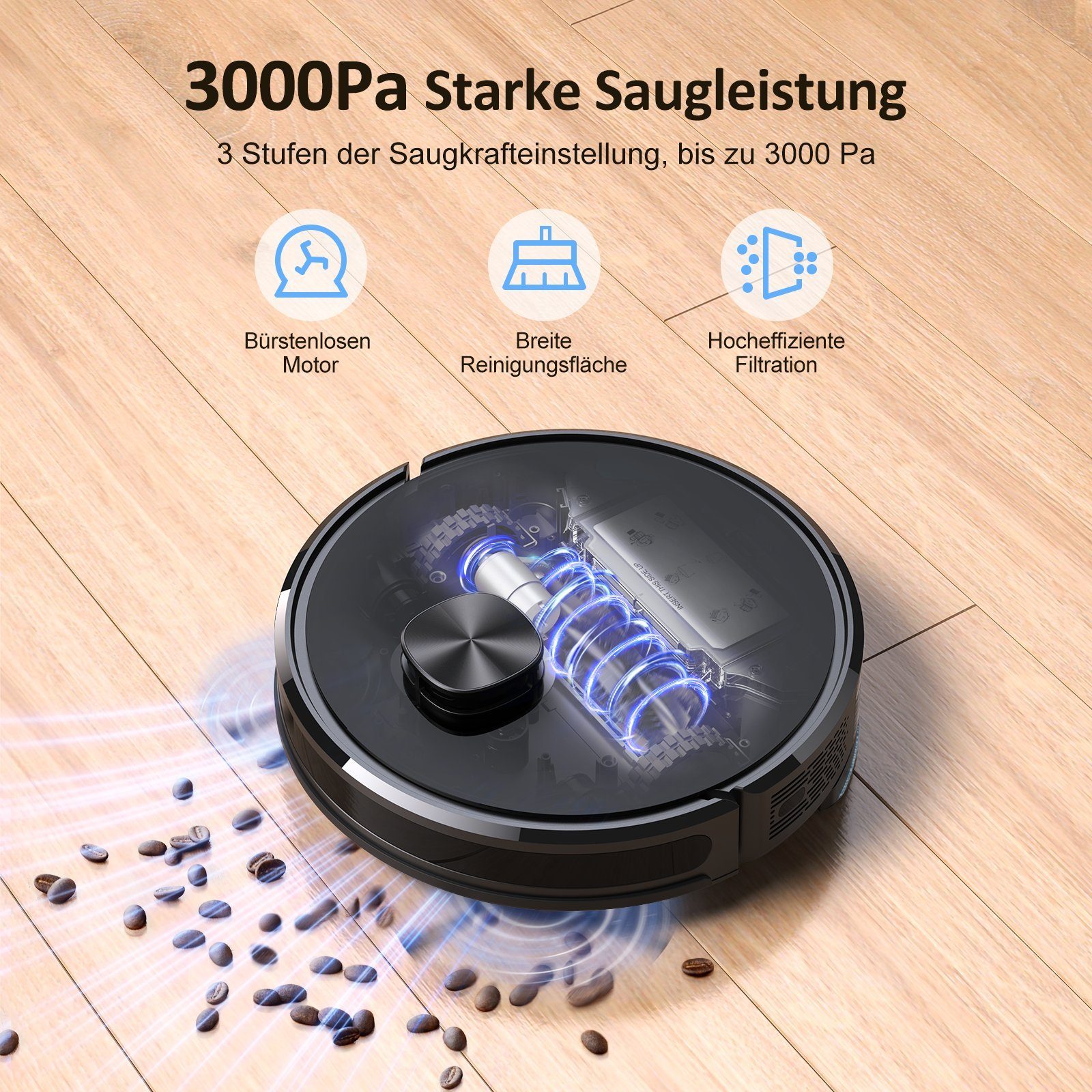 oyajia Nass-Trocken-Saugroboter LDS 9.0 LiDAR Lasernavigation mit Wischfunktion, 42 W, beutellos, 10 No-Go-Zonen