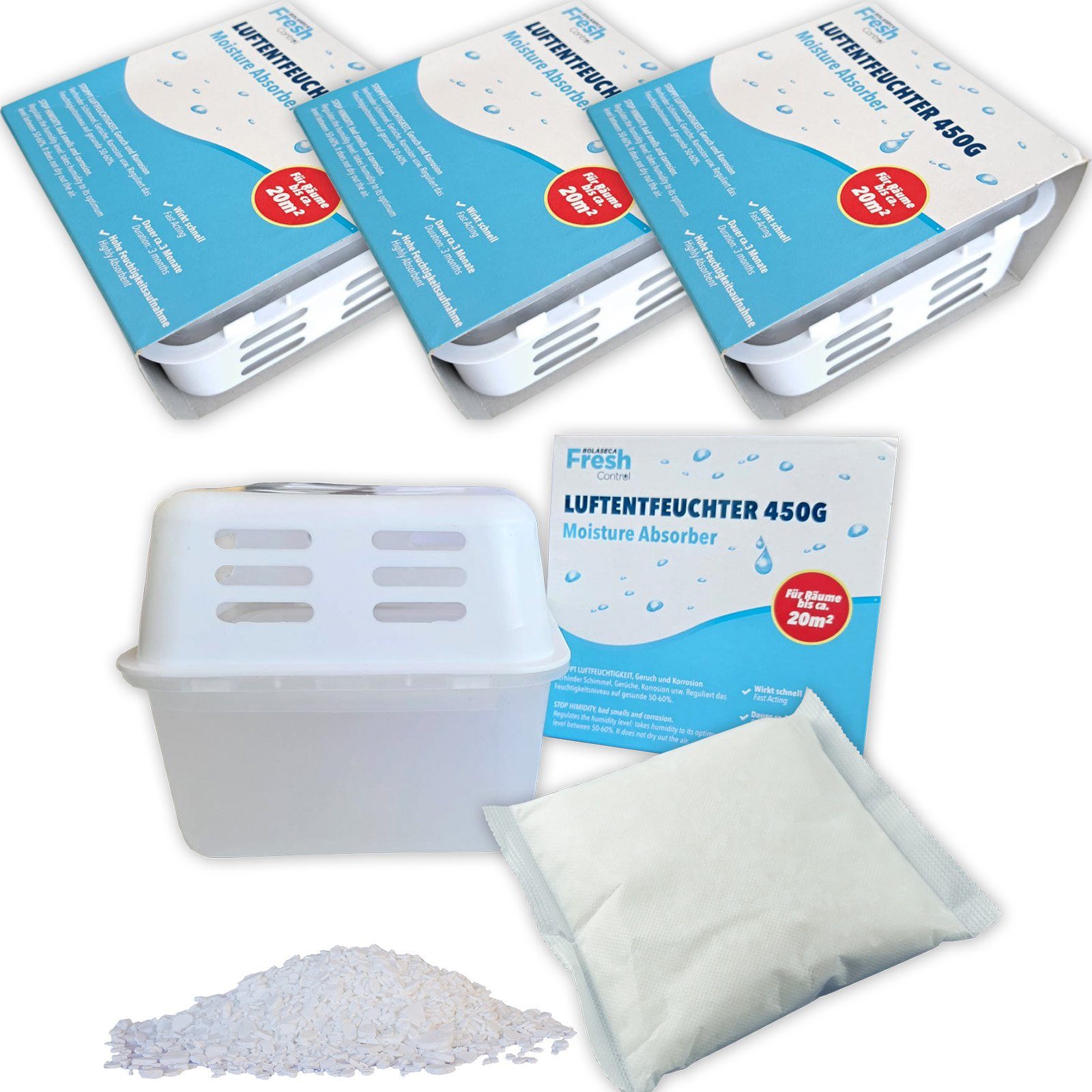 BlueCraft Luftentfeuchter-Nachfüllpack Raumenfeuchter Set Nachfüller gegen Schimmel 4x Box, inkl. 4 x 450g Entfeuchter Granulat Vliesbeutel Schlafzimmer Wohnung