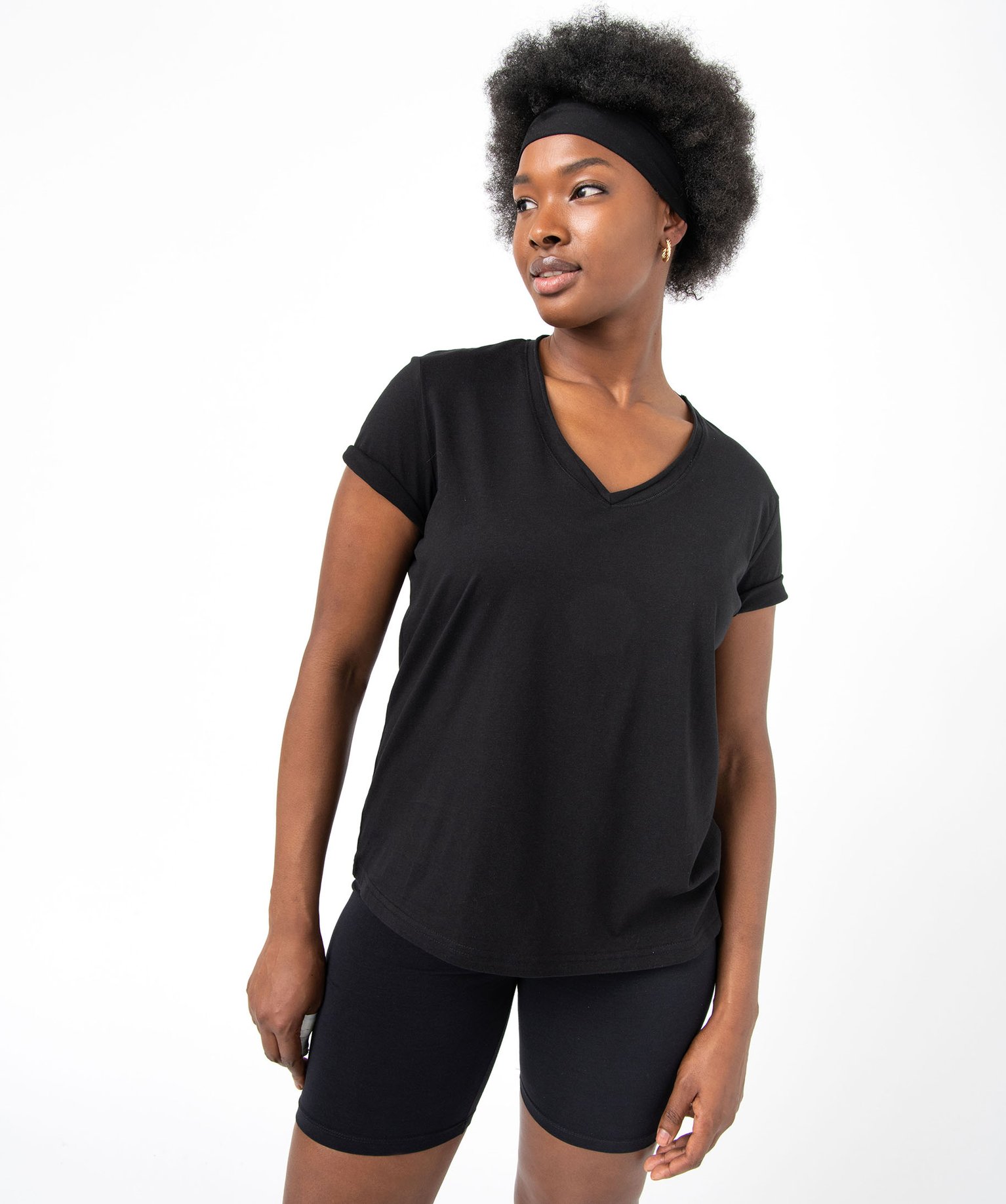 Tee-shirt femme à manches courtes avec col V roulotté noir | GEMO