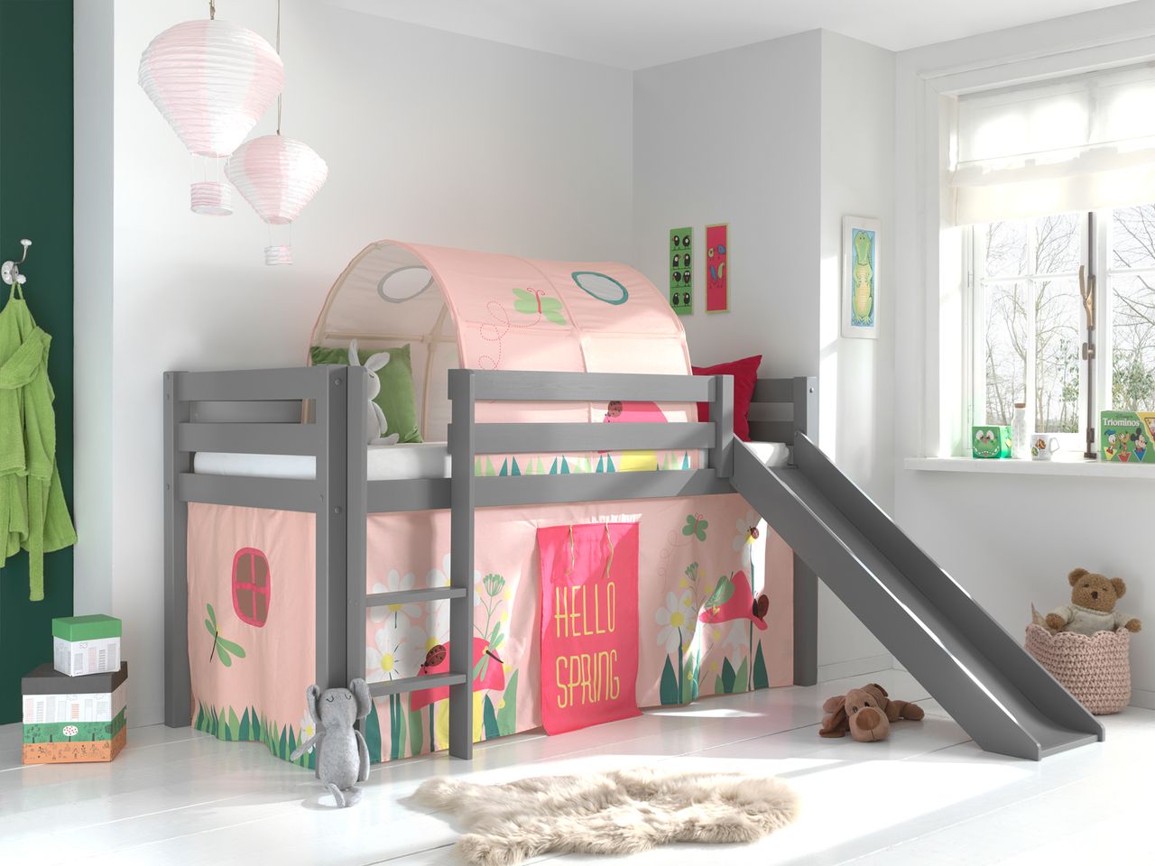 VIPACK Spielbett Pino inkl. Rutsche mit Textilset Vorhang und Tunnel 