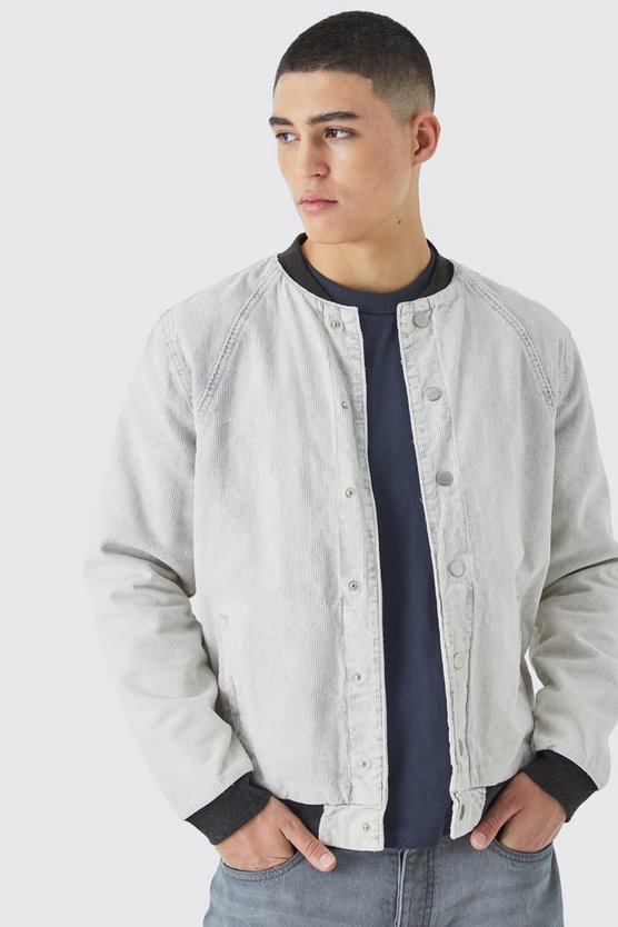 Hellgraue Cord-Bomberjacke mit Acid-Waschung