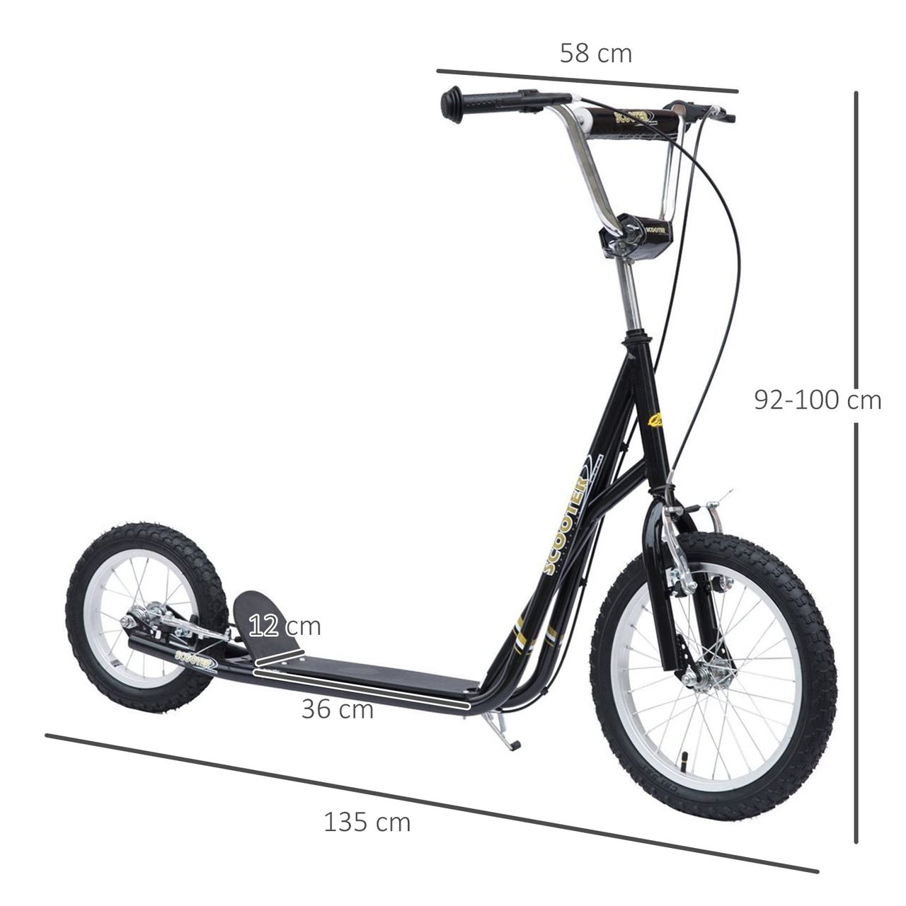 HOMCOM Kinderroller mit Bremsen 16/12 Zoll Scooter Tretroller Cityroller Kinder Roller Kickboard für 5  Jahre Kinder Schwarz 135 x 58 x 92-100 cm