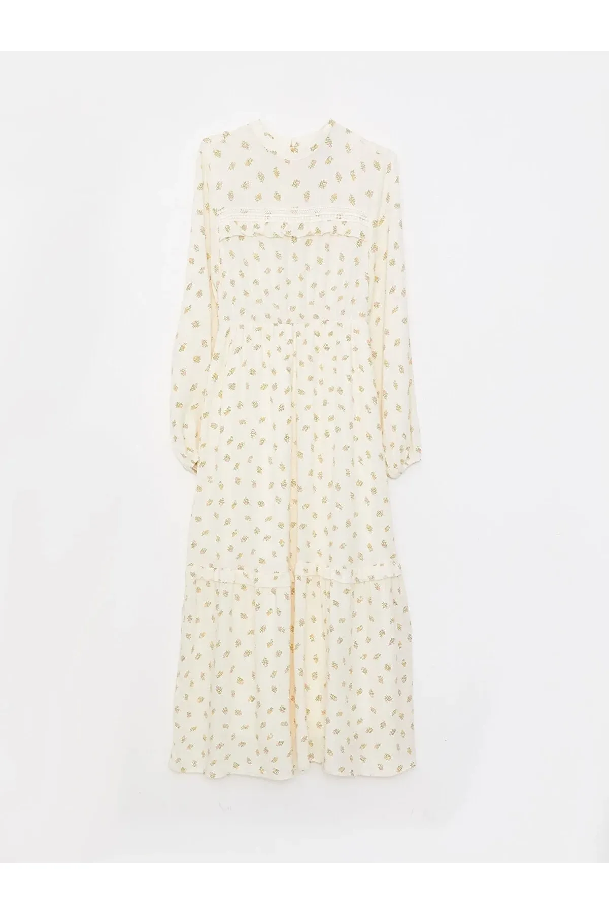 LC Waikiki  Gemustertes Damenkleid aus Viskose mit langen Ärmeln und Rundhalsausschnitt