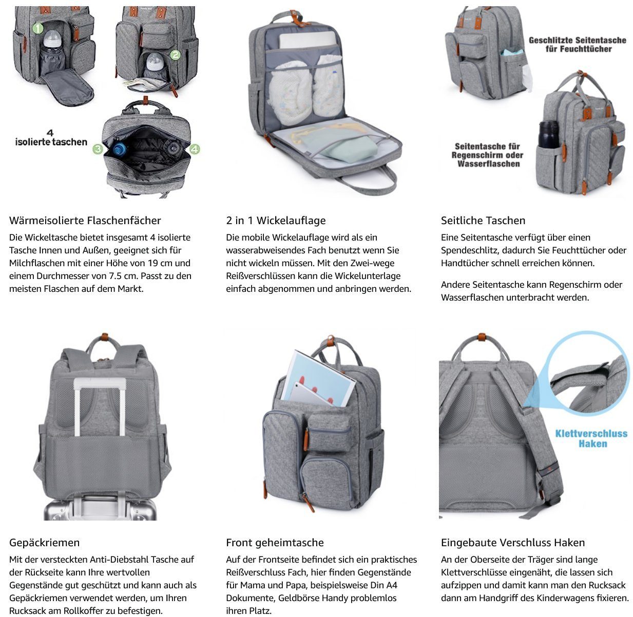 Pomelo Best Wickelrucksack Wickeltasche Rucksack Baby Multifunktions-Babytaschen Wärmeisolierte (Windeln Babyflasche Milchfläsche Rucksack Tasche mit Flaschenhalter, Multifunktional, Babytasche, für Mama und Papa unterwegs, mit Laptopfach), mit tragb