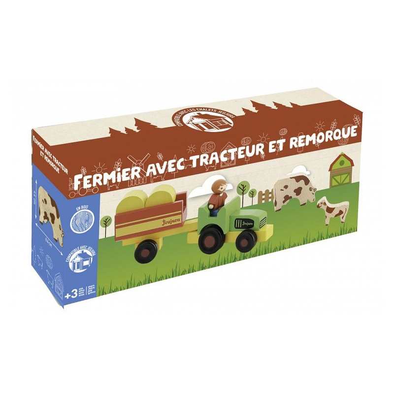 Fermier avec tracteur et remorque en bois