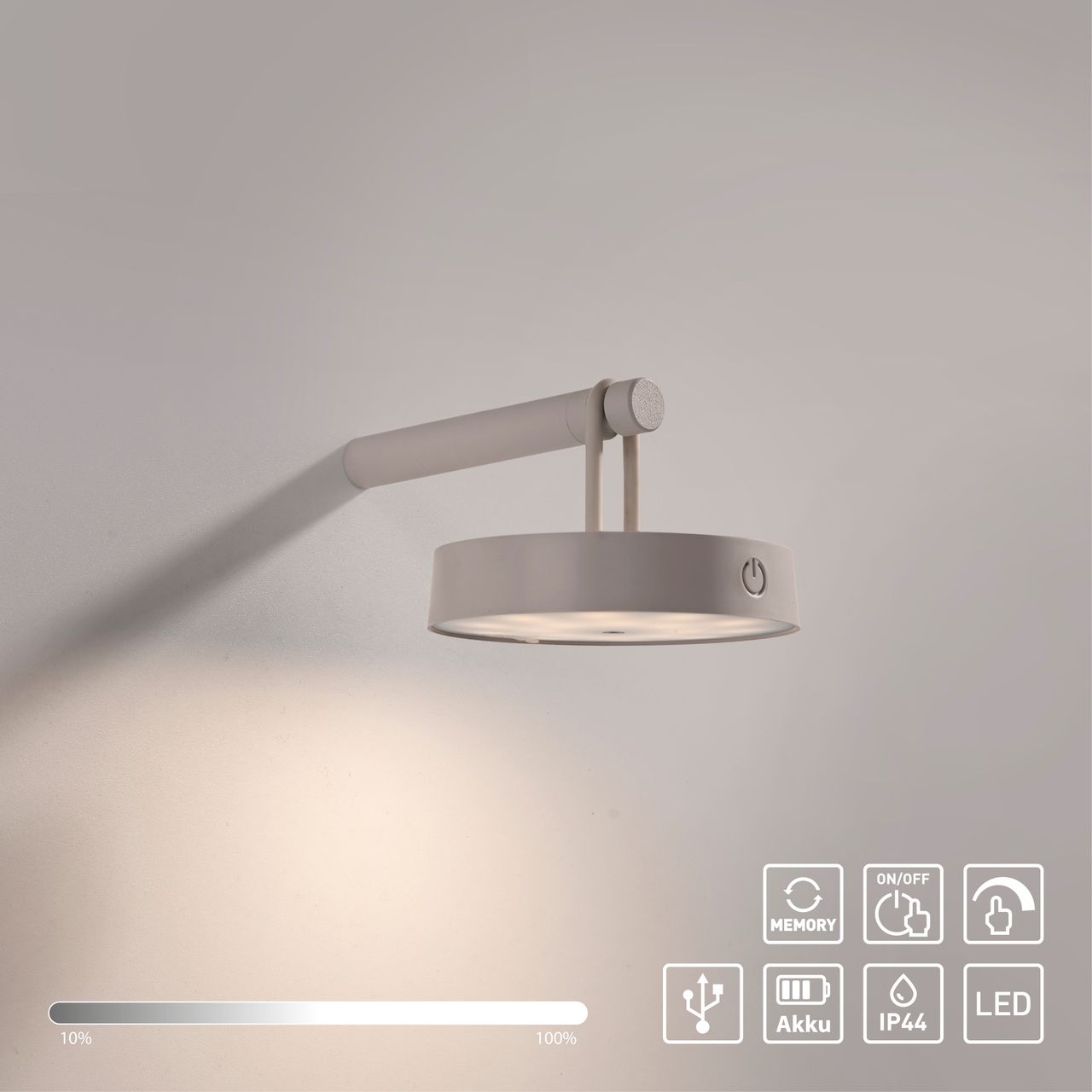 JUST LIGHT Akku Wandleuchte ARMA, 1x LED-Board/1,50Watt/2700Kelvin, IP44, Greige