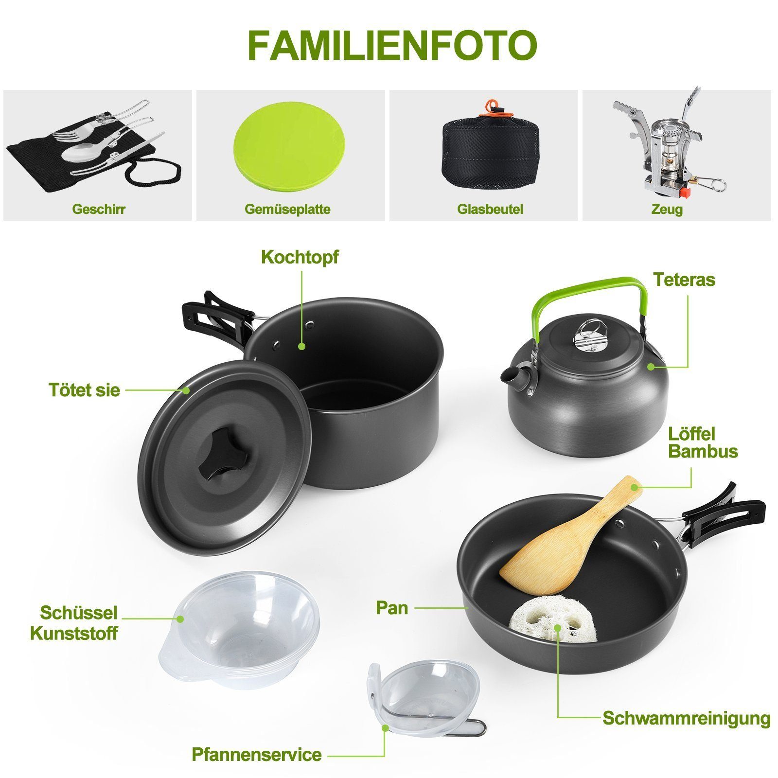 MDHAND Gaskocher Geschirr-Set Tragbar Kochgeschirr Topf Kocher Set,Aluminium, (15-St), mit Faltender Löffel Gabel Cutter Cup für 2 bis 3 Personen