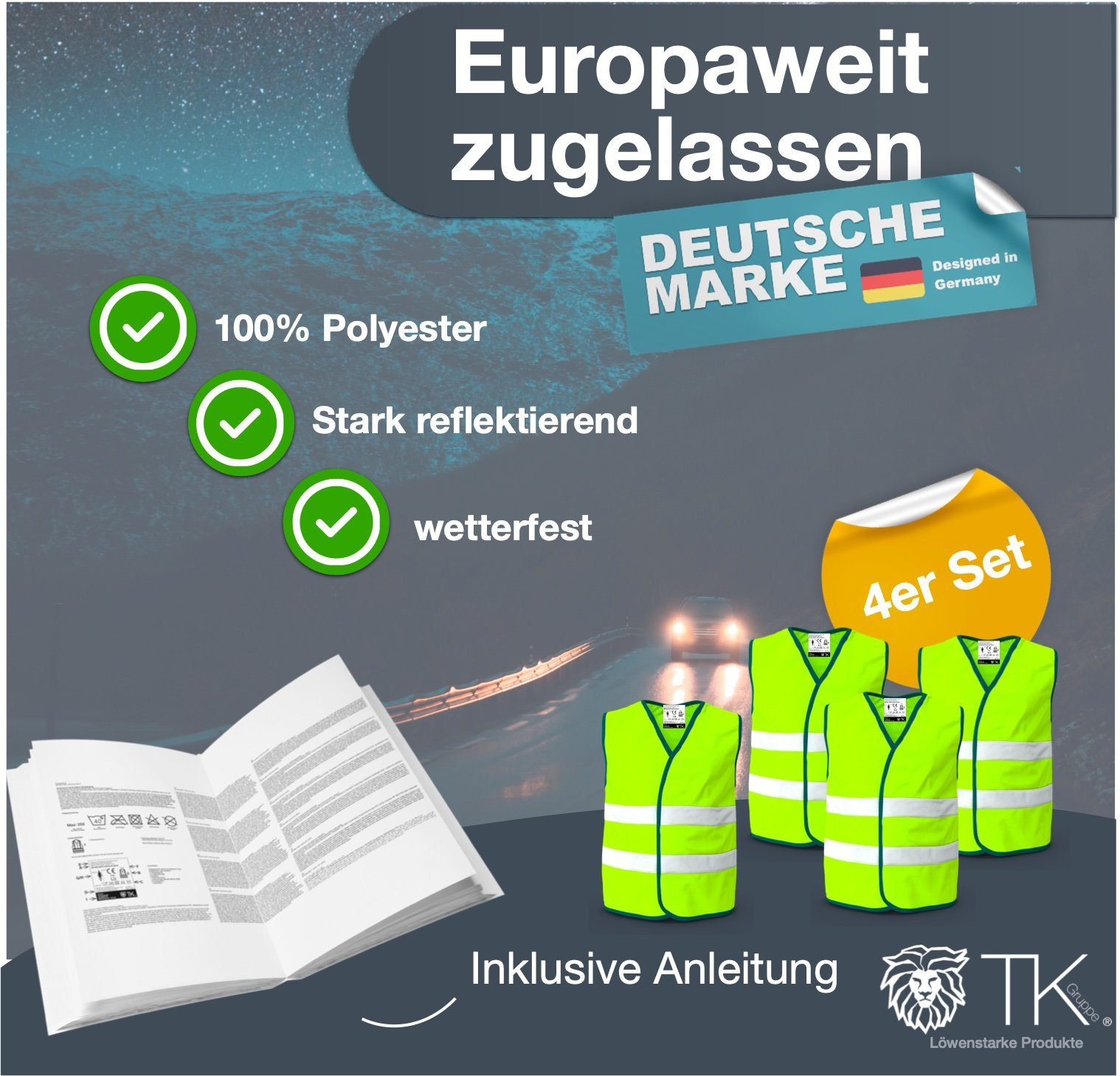 TK Gruppe Warnweste 4X Warnwesten gelb - Pannenweste 2024 Unfallweste ISO20471