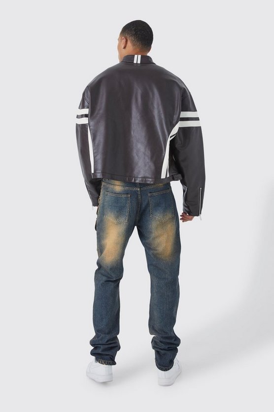 Tall kastige PU-Bomberjacke mit Kontrast-Streifen