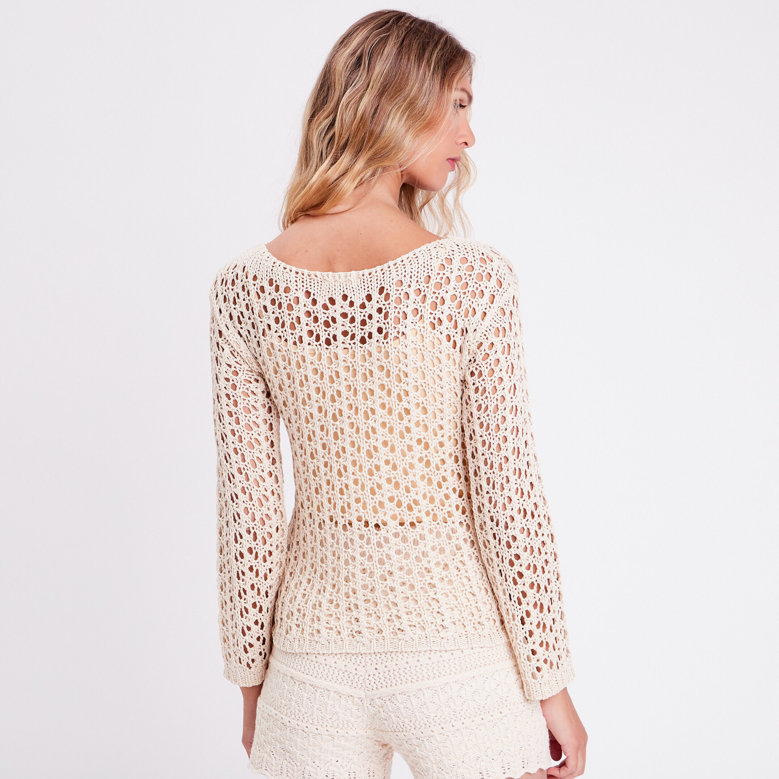 Pull crochet manches longues ivoire femme | Cache Cache