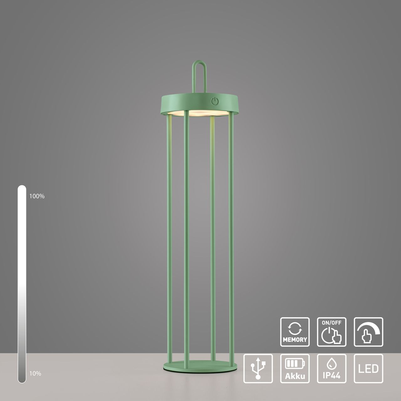 JUST LIGHT Akku Tischleuchte ANSELM, 1x LED-Board/1,50Watt/2700Kelvin, IP44, Grün