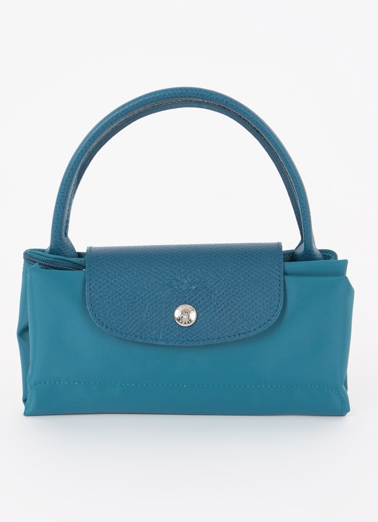 Geantă verde Longchamp Le Pliage, mărimea S, cu detalii din piele.