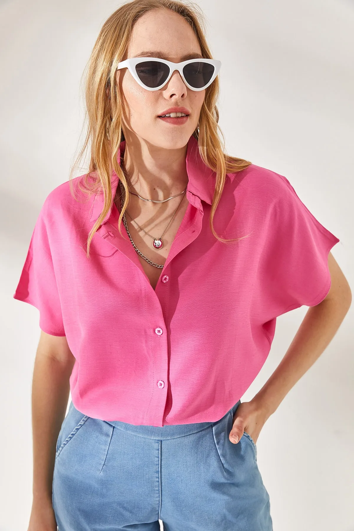 Olalook  Rosa Fledermaus-Übergröße-Leinenhemd für Damen GML-19001109