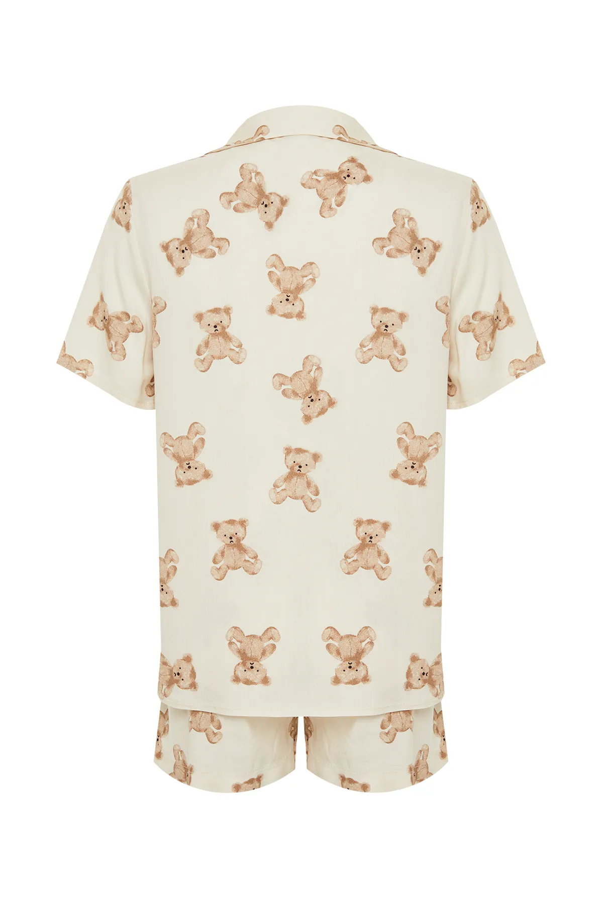 Trendyol Collection  Beigefarbenes Pyjama-Set aus gewebter Viskose mit Teddybär-Muster THMSS24PT00067