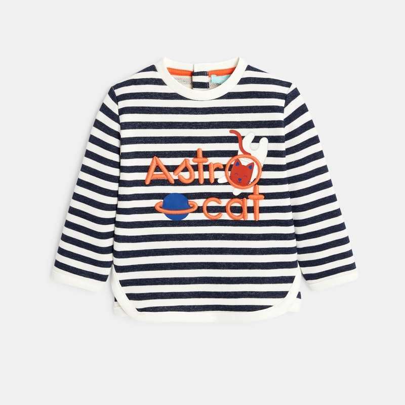 Sweat molleton rayé chat astronaute bleu bébé garçon