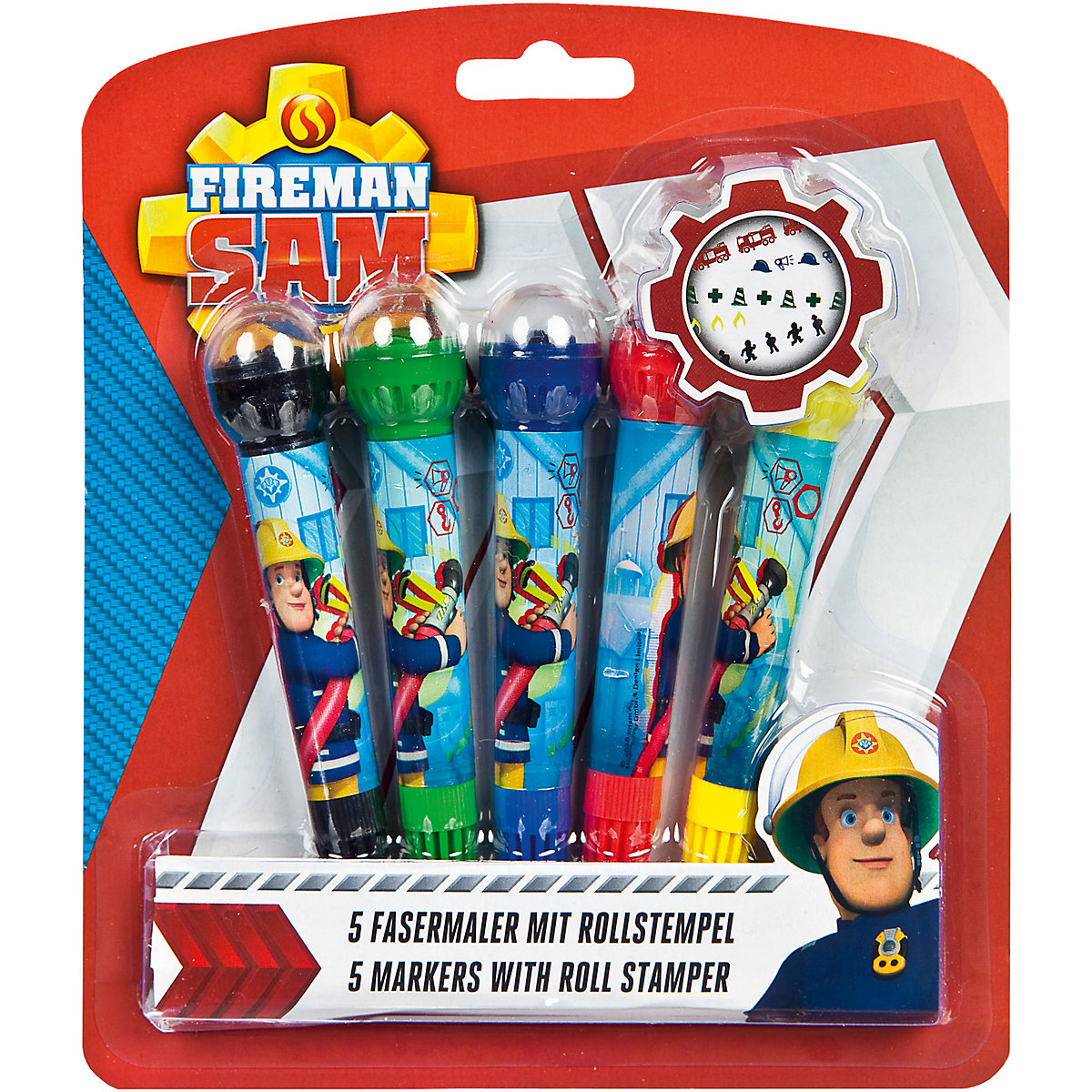 Fasermaler-Rollstempelset Feuerwehrmann Sam, 5 Farben & Motive