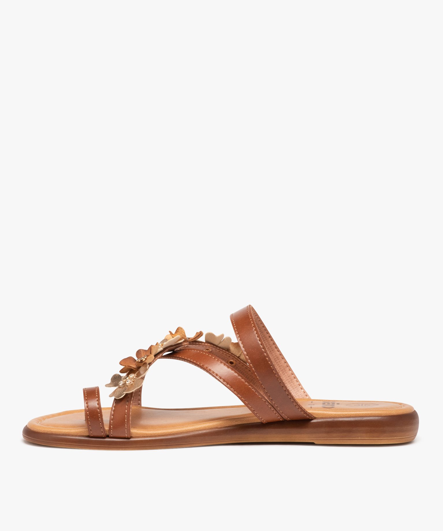 Mules plates à fines brides croisées fleuries femme camel | GEMO
