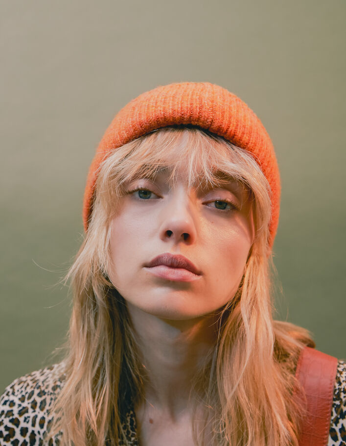 Set bonnet et écharpe orange tricot Femme