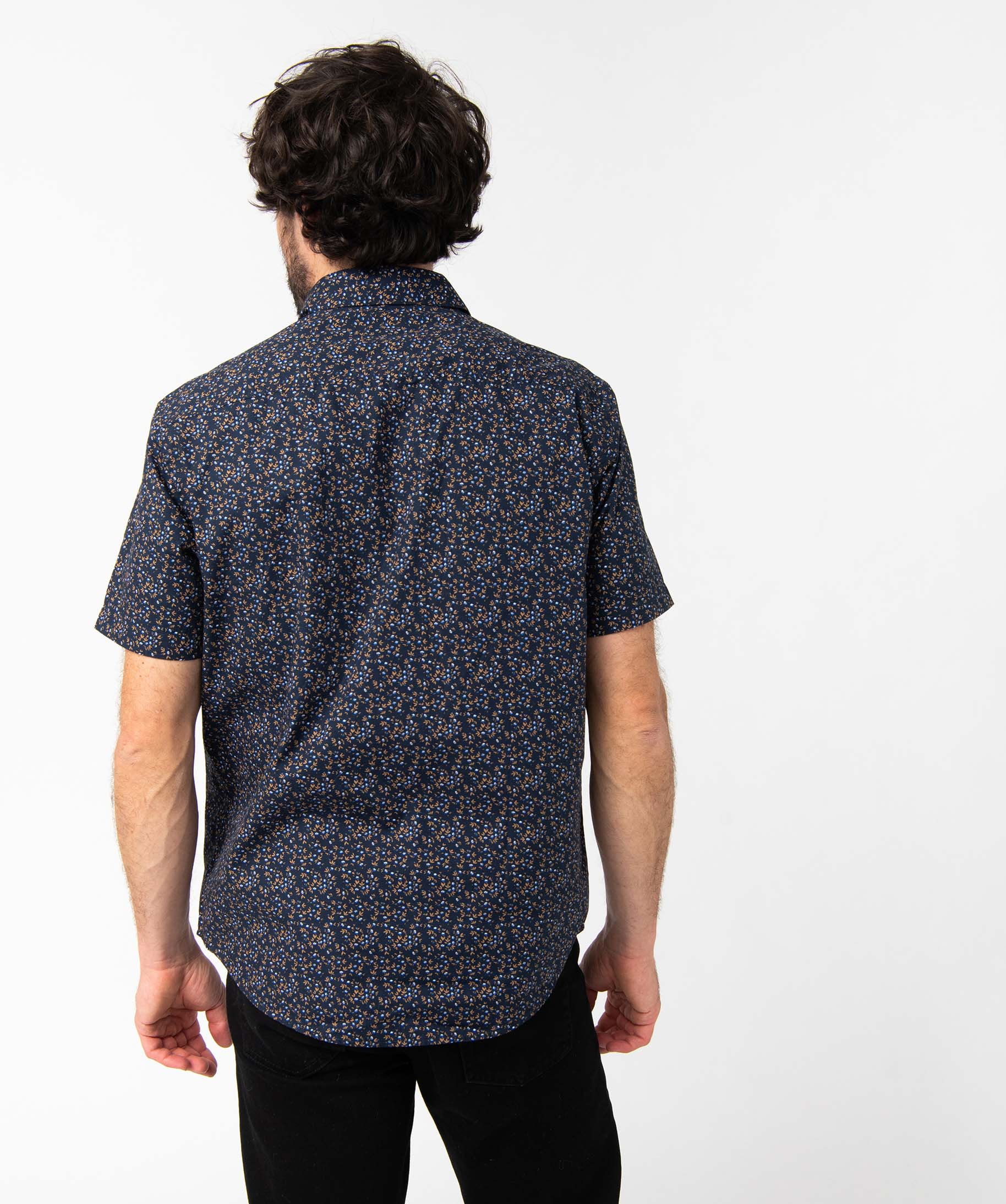 Chemise homme manches courtes coupe droite à motif fleuri bleu fonce | GEMO
