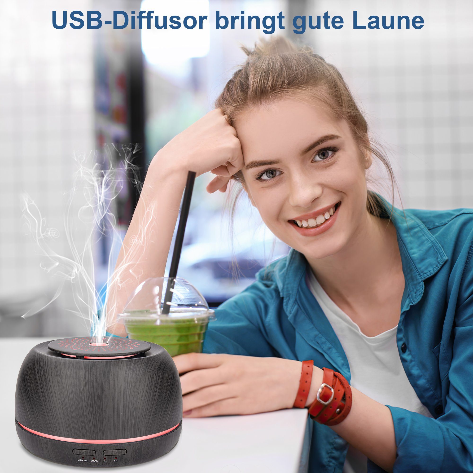 Vbrisi Luftbefeuchter Aroma Diffuser Luftbefeuchter Holzmaserung Duftöl Diffuser, 0,30 l Wassertank, Holzoptik, 7-Farben-Blendung, mit Fernbedienung, 3-teiligem Duftölset