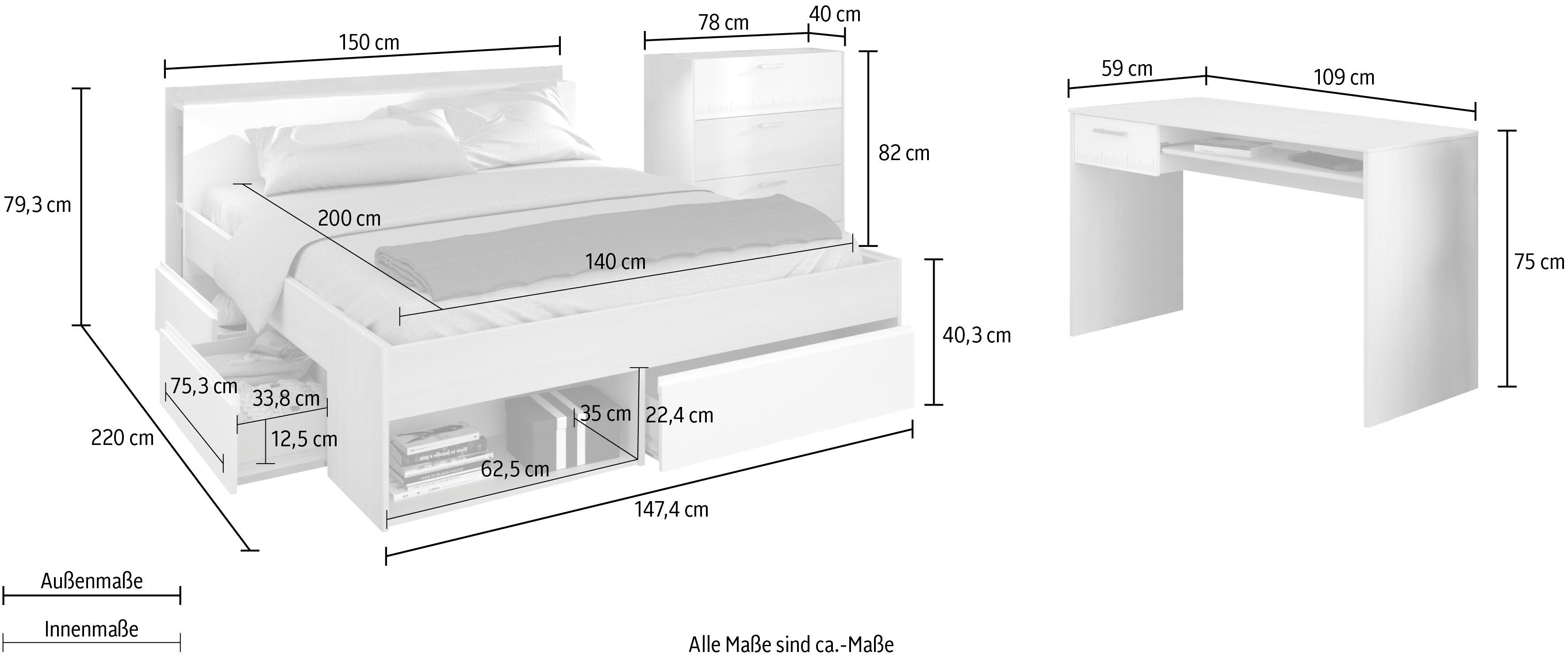 Parisot Jugendzimmer-Set Most, (Set, 3-St., Bett mit Schubkästen, Schreibtisch und Schubkastenkommode)