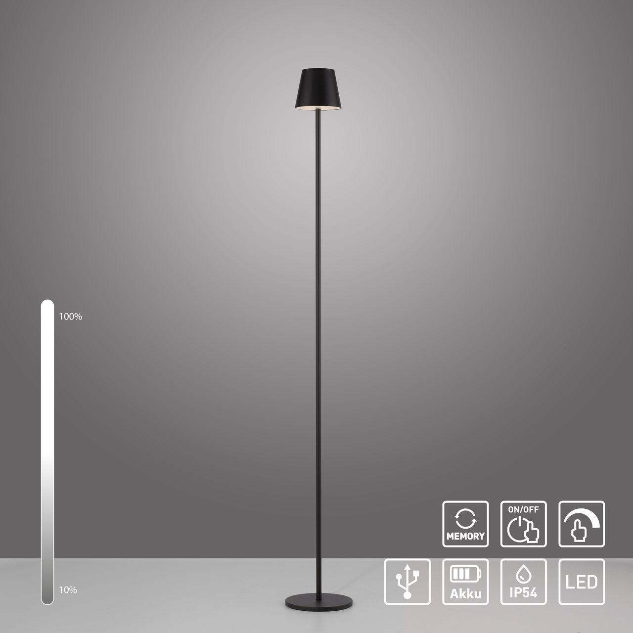 JUST LIGHT Akku-Stehleuchte EURIA, 1x LED-Board/2,50Watt/3000Kelvin, IP54, Schwarz